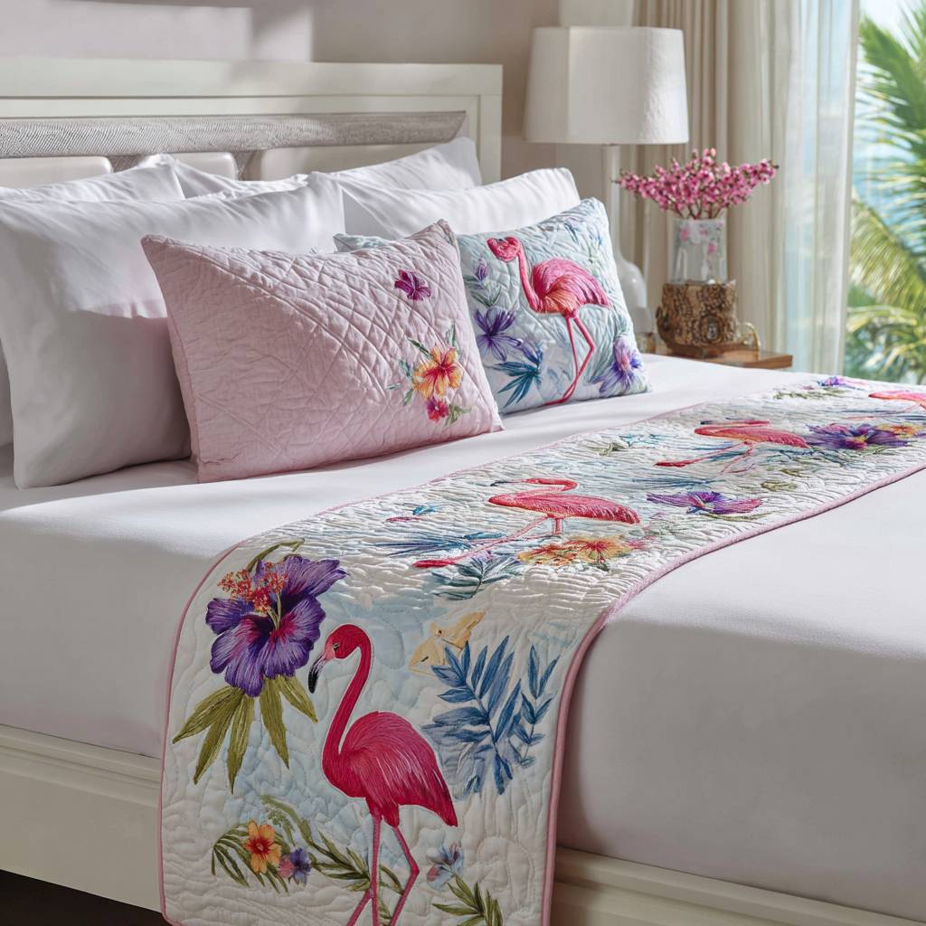 Sunset Wader Quilted Bed Runner Cozy Bedroom Decor Pink Flamingo Gifts For Mom
