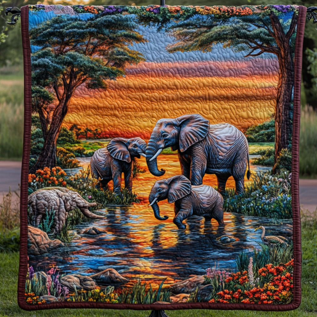 Sunset Walk Quilted Blanket Home Bedding Decor Christmas Gift Ideas For Elephant Lovers