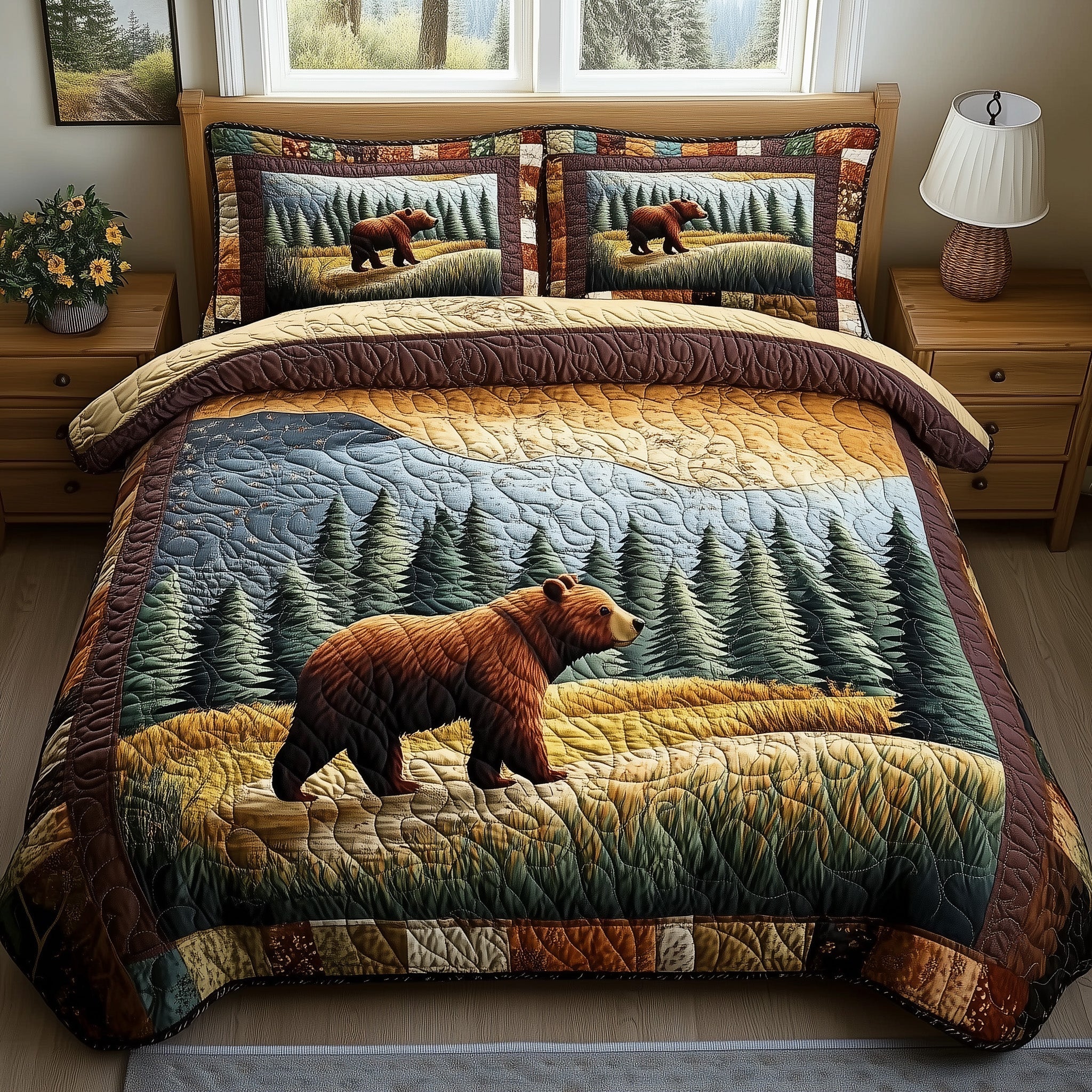 Sunset Wanderer Quilted Bedding Set Woodland Bear Nature Wanderer Scene Bedding Gifts