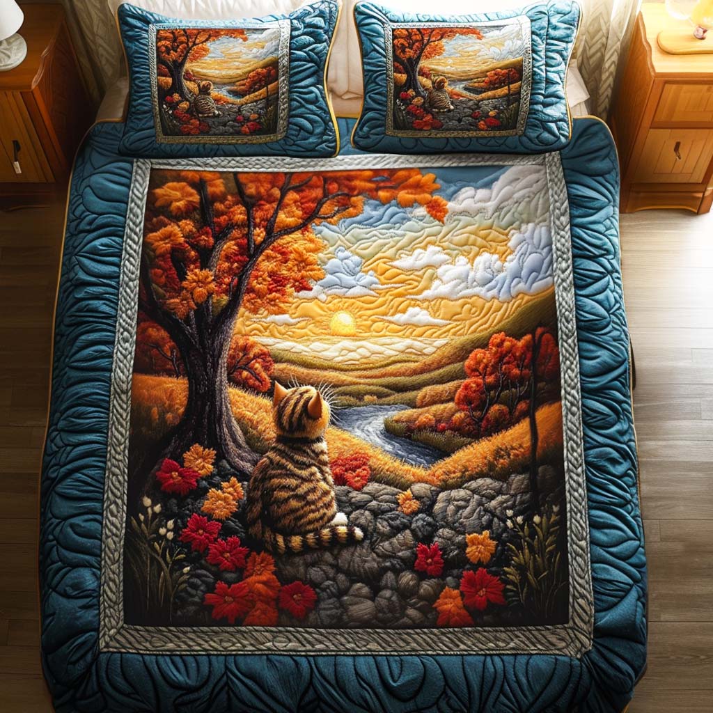 Sunset Watch Quilted Bedding Set Cozy Bedroom Decor Unique Gifts For Cat Lovers