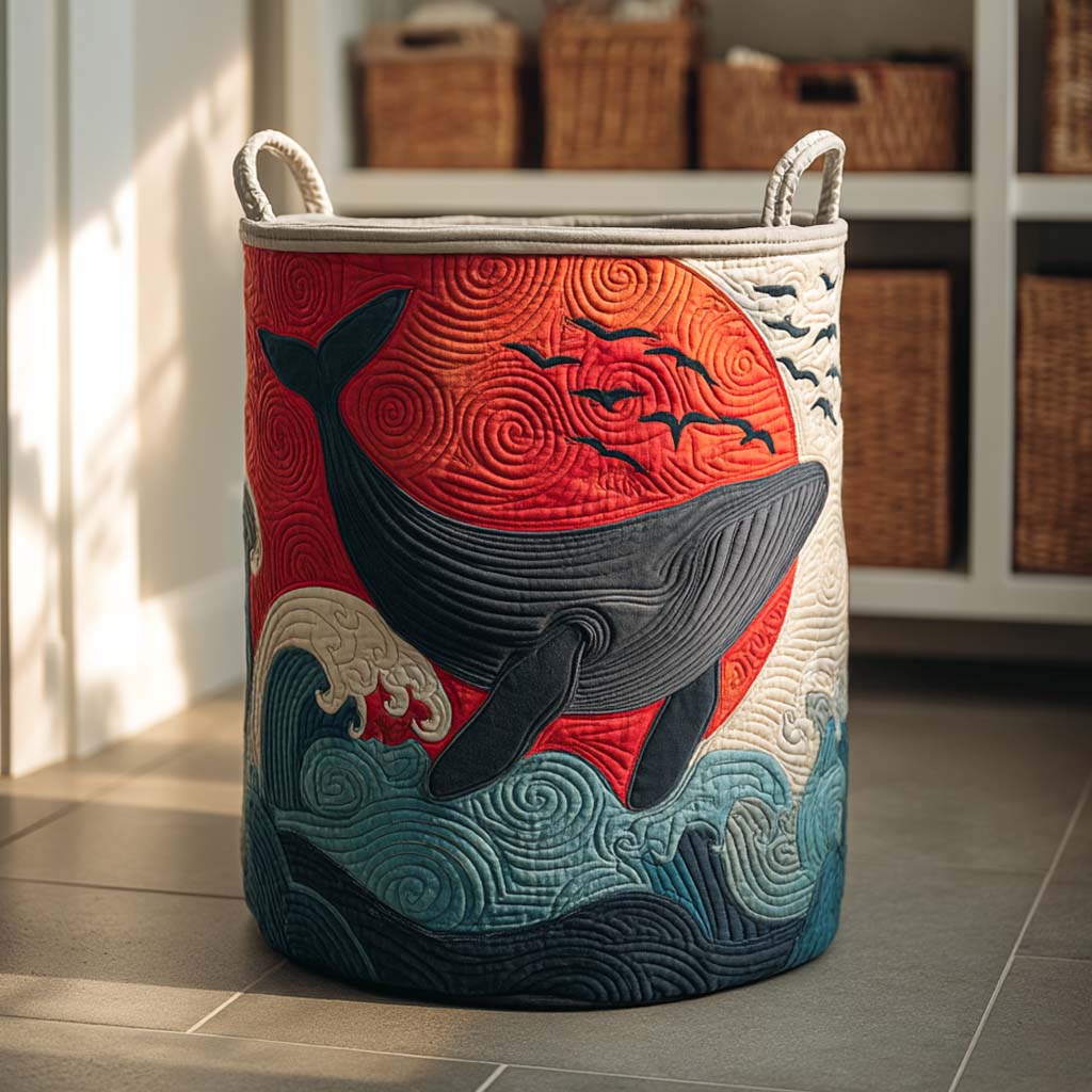 Sunset Whale Quilted Laundry Basket Merch For Home And Bedroom