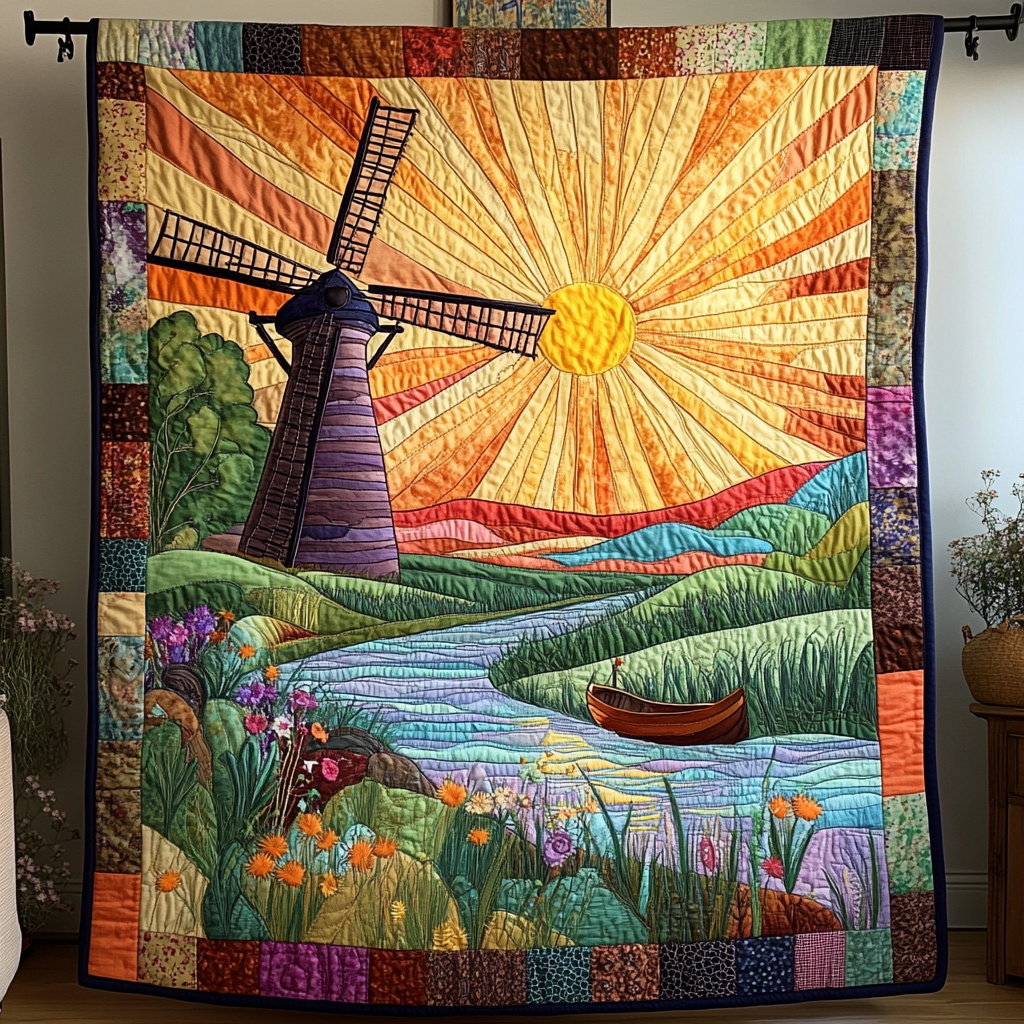 Sunset Windmill Quilted Blanket Cute Throw Blanket Gift Ideas For Nature Lovers