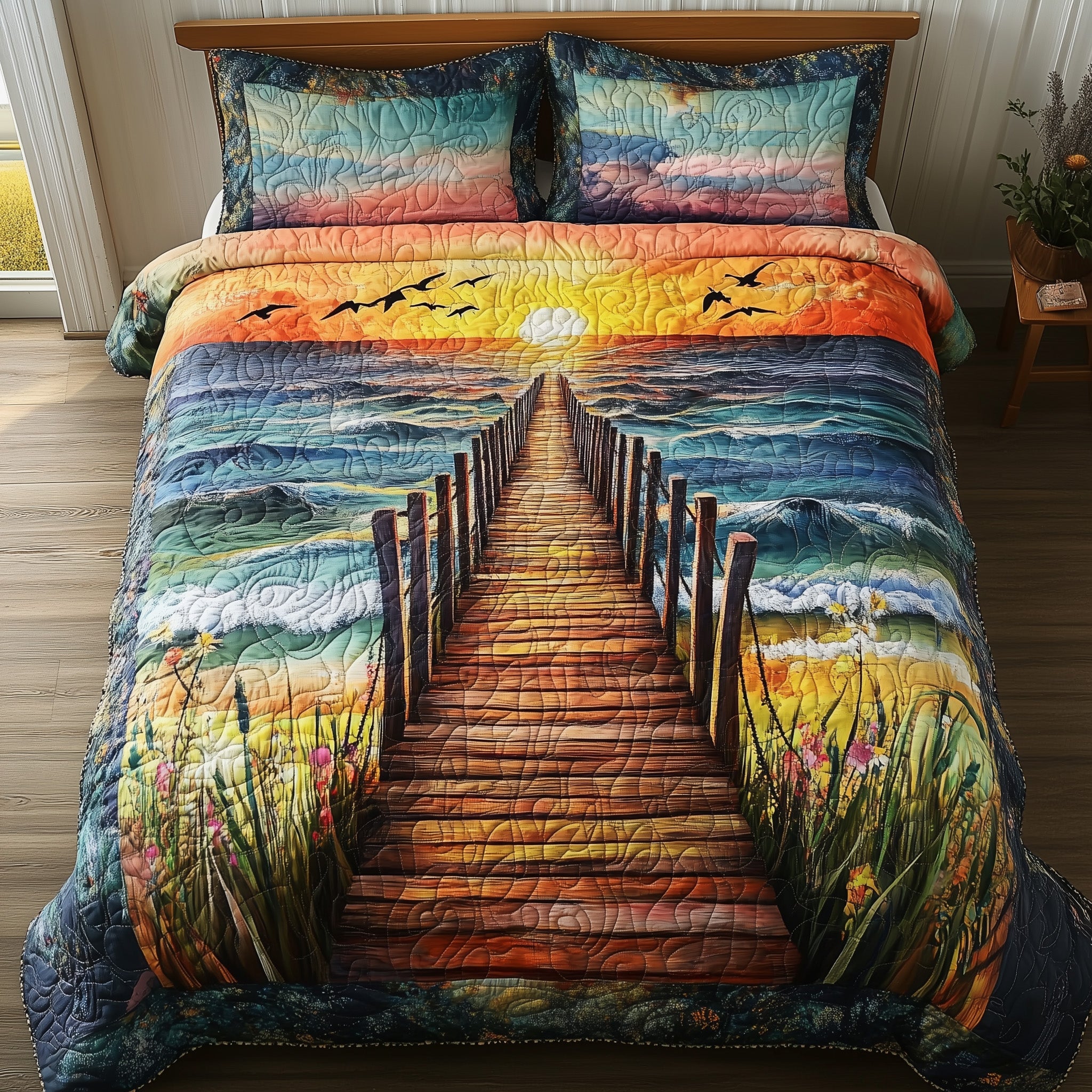 Sunset Wooden Dock Quilted Bedding Set Duvet Cover Bedspread Cute Christmas Gifts For Boyfriend