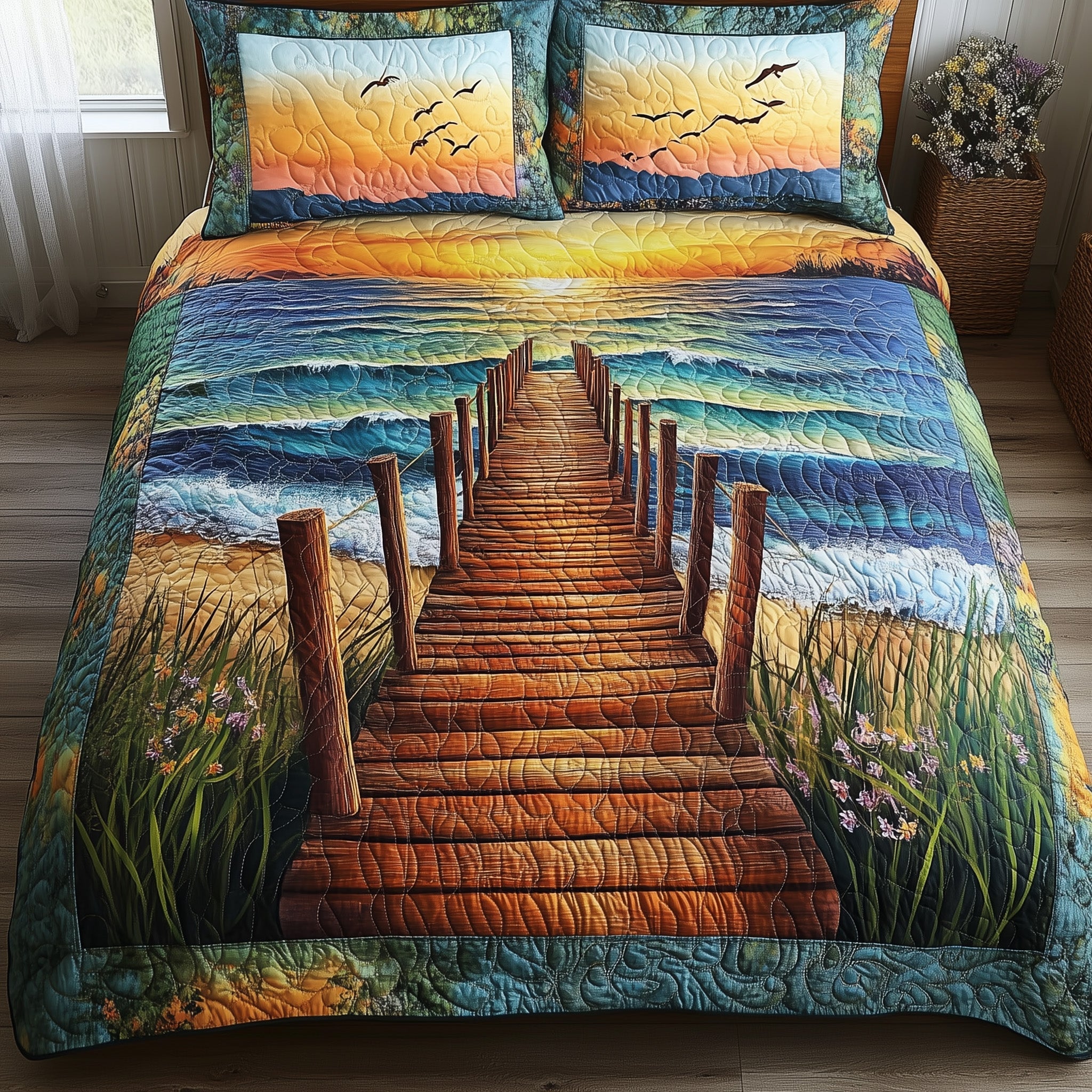 Sunset Wooden Dock Quilted Bedding Set Duvet Cover Bedspread First Time Mom Christmas Gifts