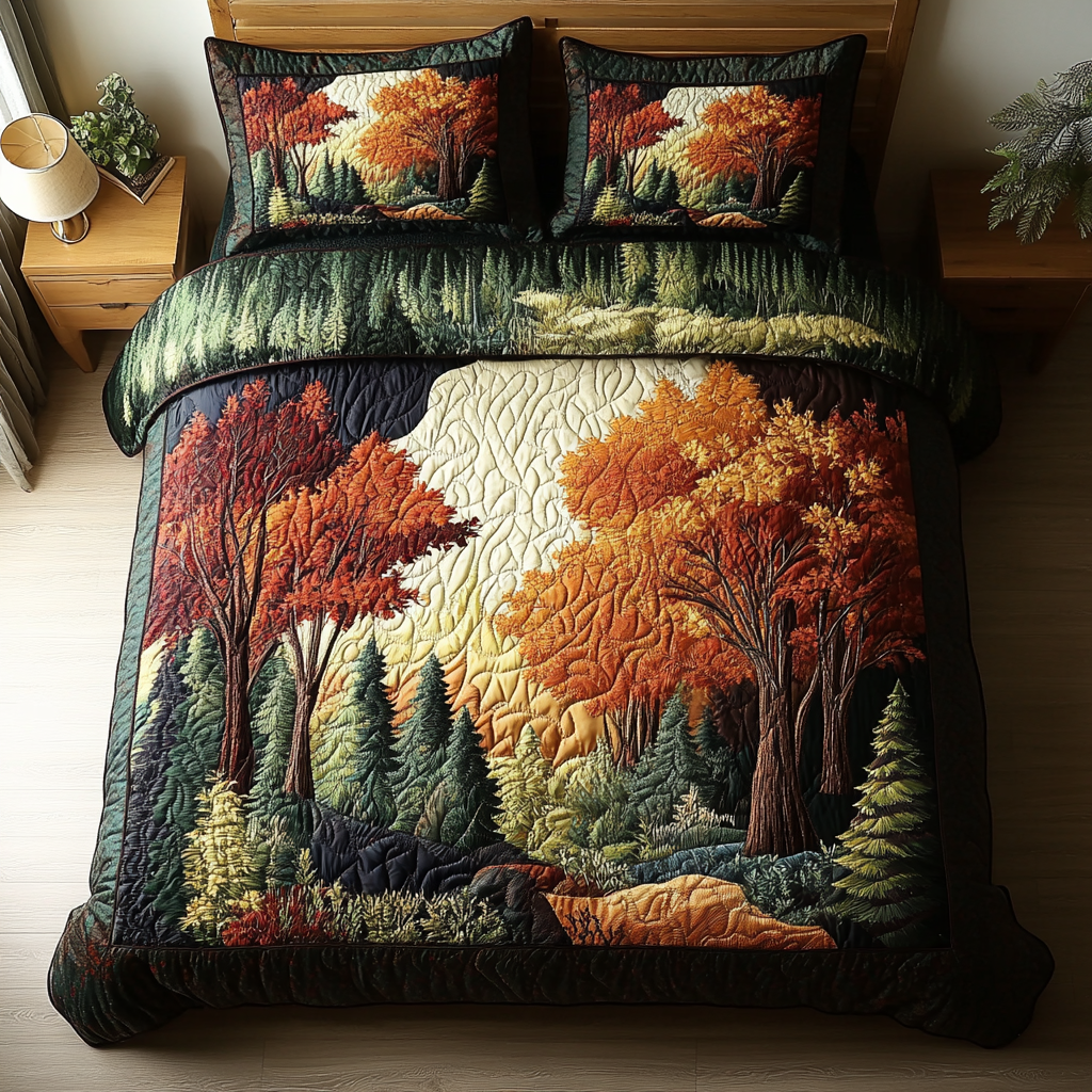 Sunset Woods Quilted Bedding Set Cute Room Decor Gift For Mid Autumn Festival
