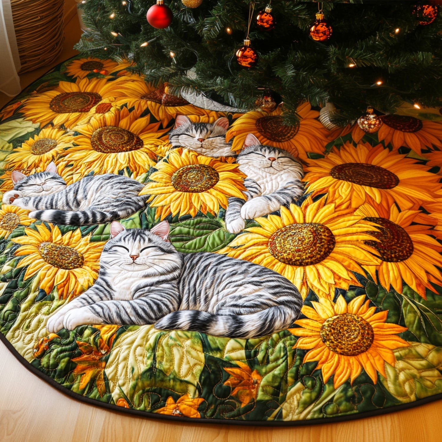 Sunshine And Whiskers Quilted Christmas Tree Skirt Xmas Under-Tree Decoration