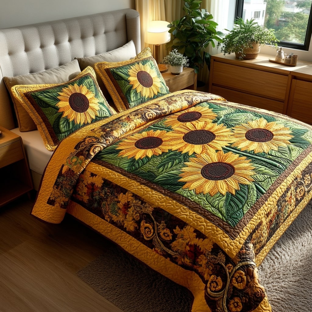 Sunshine Bloom Field Quilted Bedding Set Queen Size Comforter Garden Inspired Gift For Sister