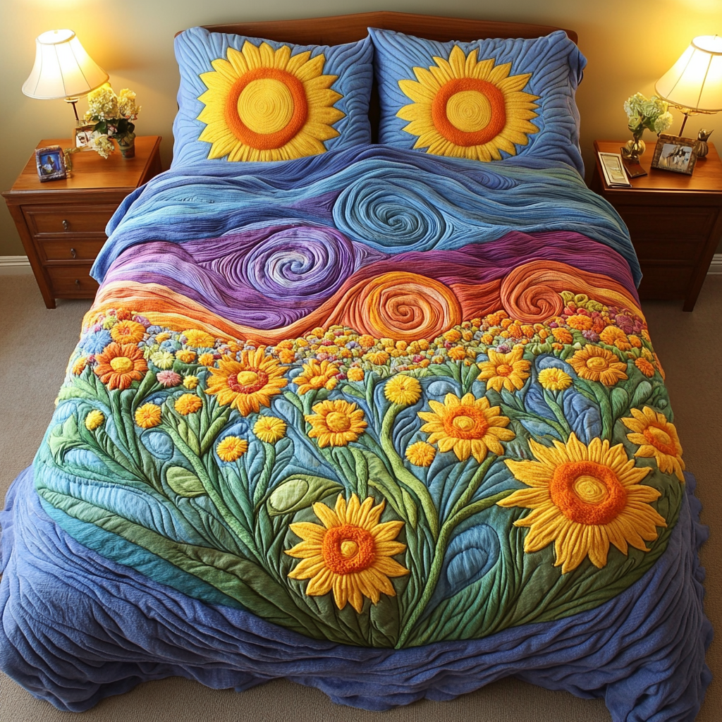 Sunshine Bloom Quilted Bedding Set Bed Decorations Sunflower Gifts For Her