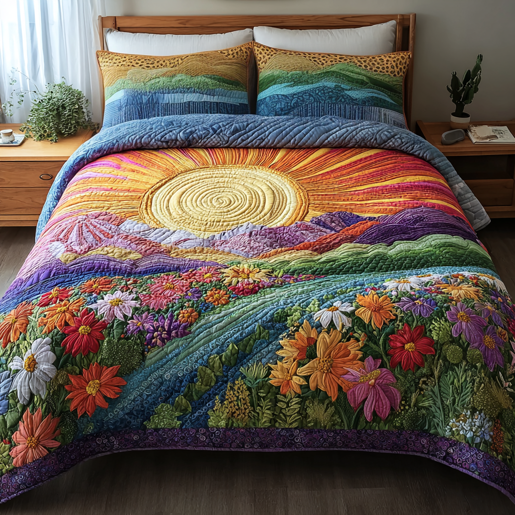 Sunshine Bloom Quilted Bedding Set Bed Room Decoration Daisy Plant Gifts