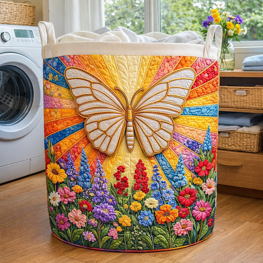 Sunshine Butterfly Rainbow Quilted Laundry Basket Wildflower Home Decor Best Gift For Butterfly Fans