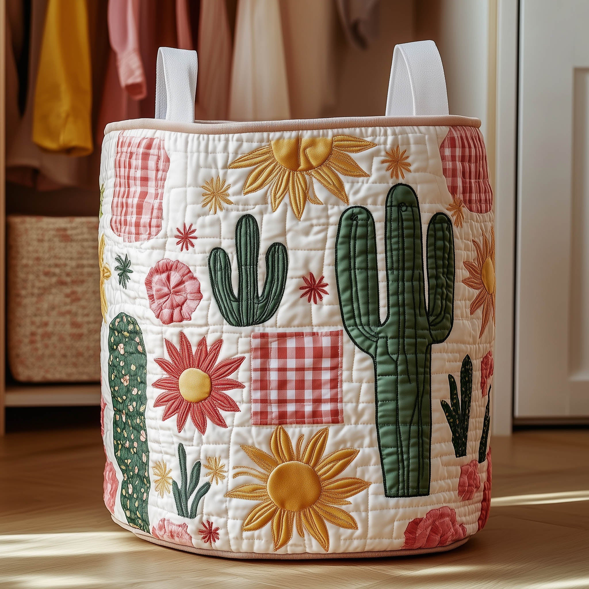 Sunshine Cacti Quilted Laundry Basket Trendy Home Decor Nature Lover Presents
