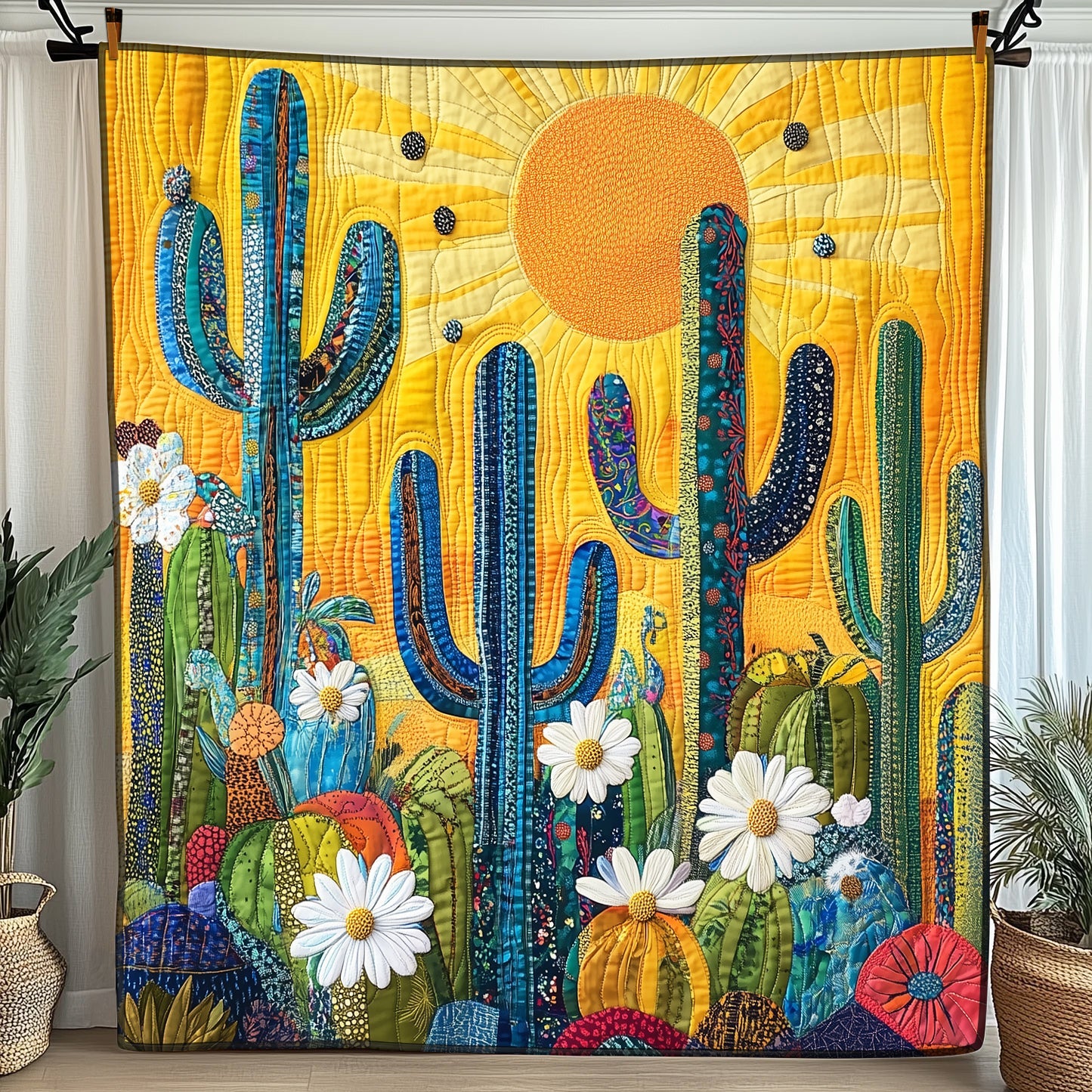 Sunshine Cactus Quilted Blanket Merchandise Throw BlanketBest Xmas Gifts For Cactus Lovers