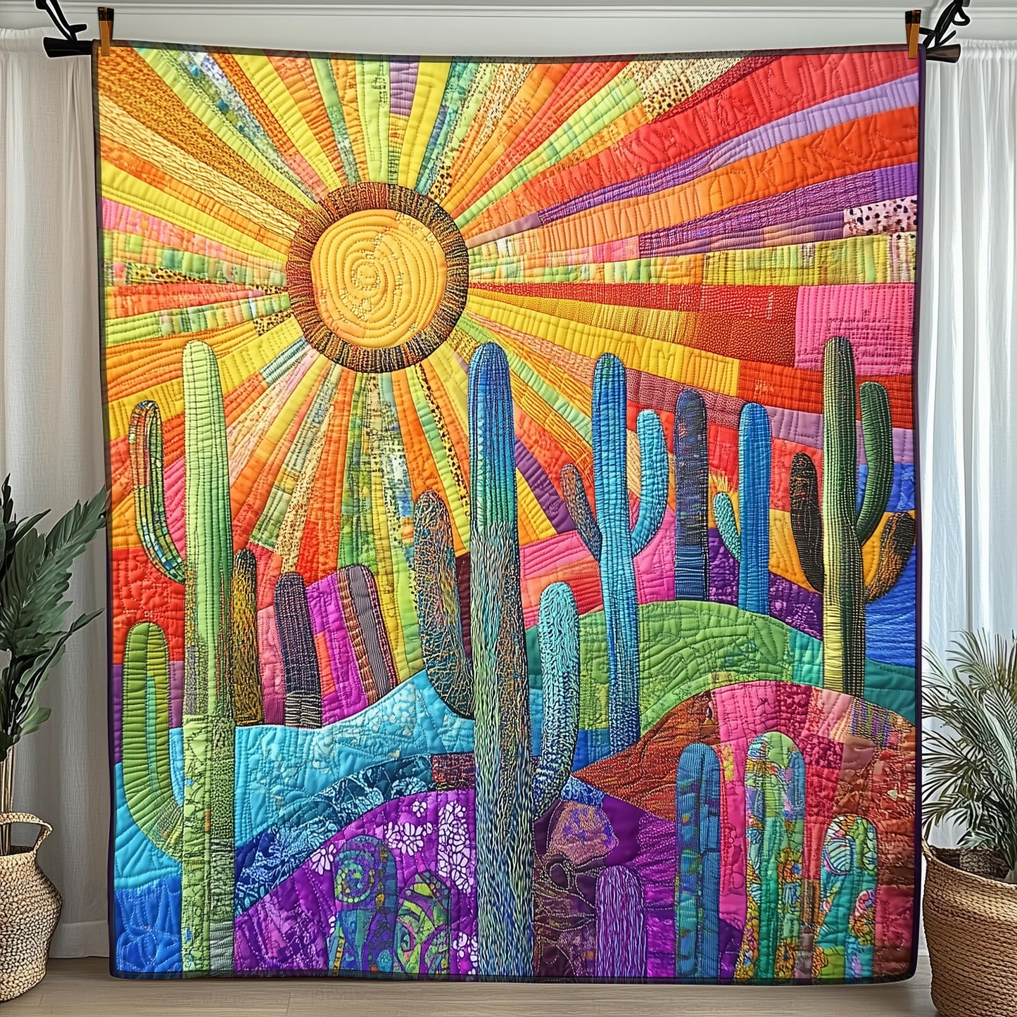 Sunshine Cactus Quilted Blanket Merchandise Throw BlanketChristmas Cactus Gifts For Her