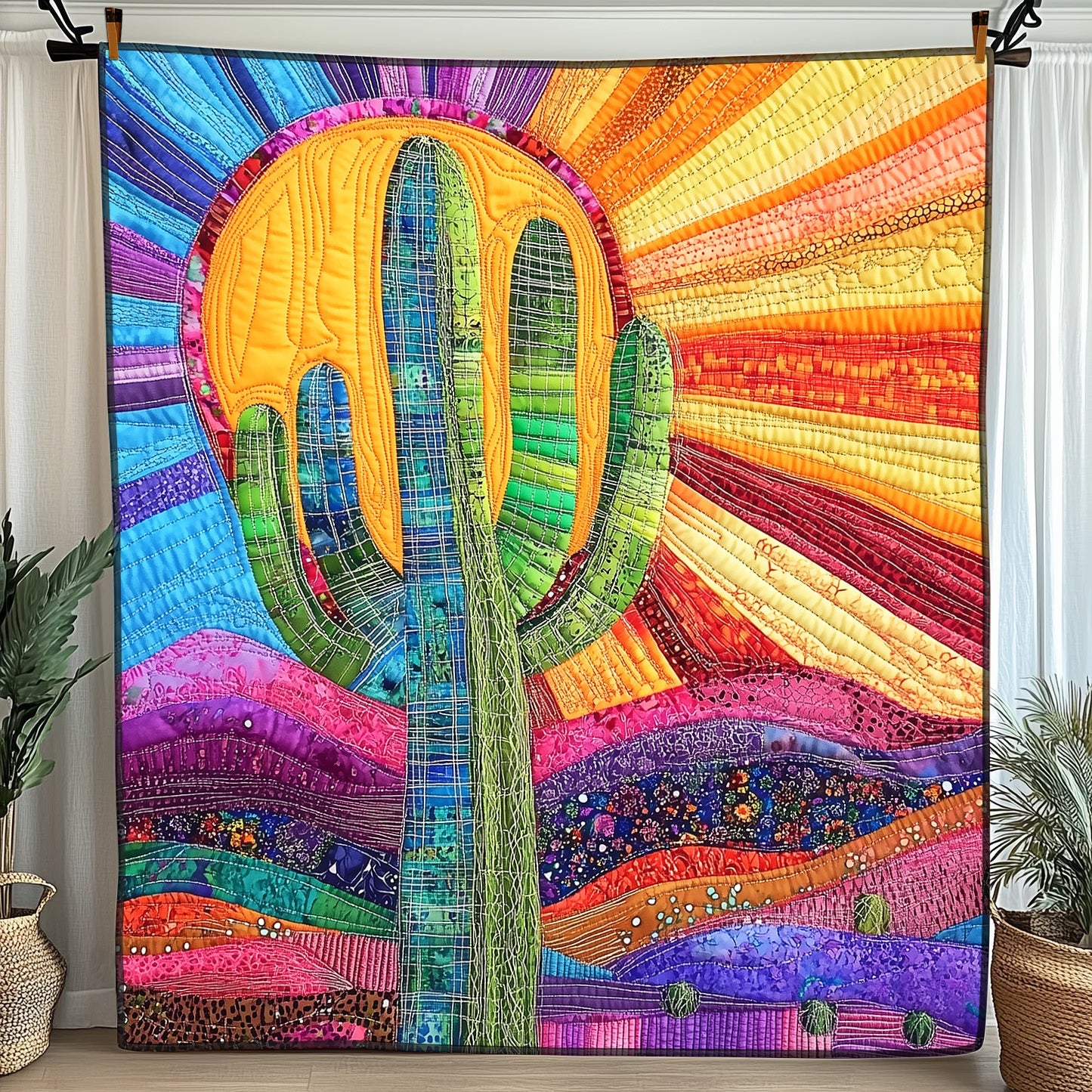 Sunshine Cactus Quilted Blanket Merchandise Throw BlanketChristmas Cactus Gifts For Him