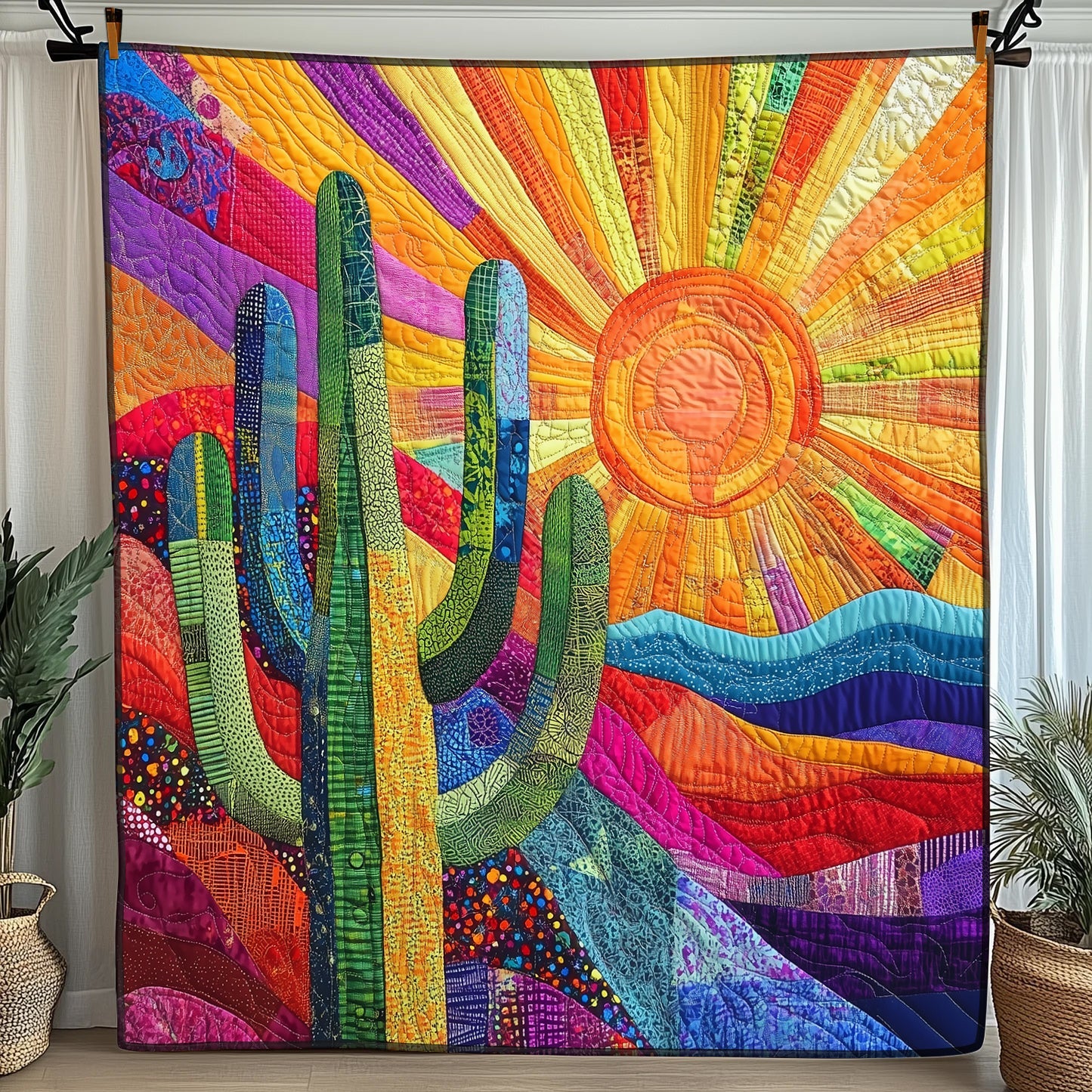 Sunshine Cactus Quilted Blanket Merchandise Throw BlanketSucculent Cactus Themed Gifts