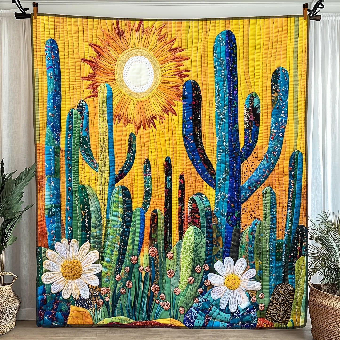 Sunshine Cactus Quilted Blanket Merchandise Throw BlanketUnique Cactus Gifts Succulent