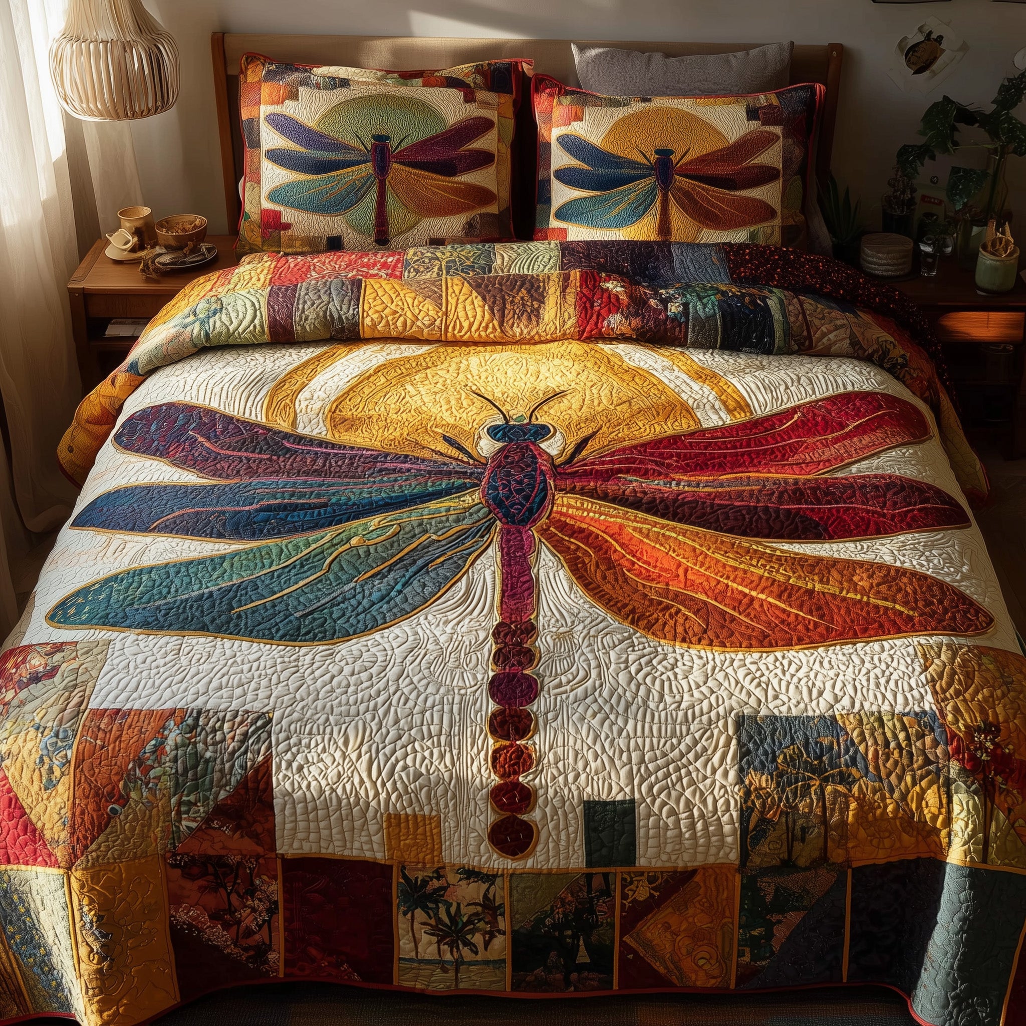 Sunshine Dragonfly Quilted Bedding Set Cotton Sateen