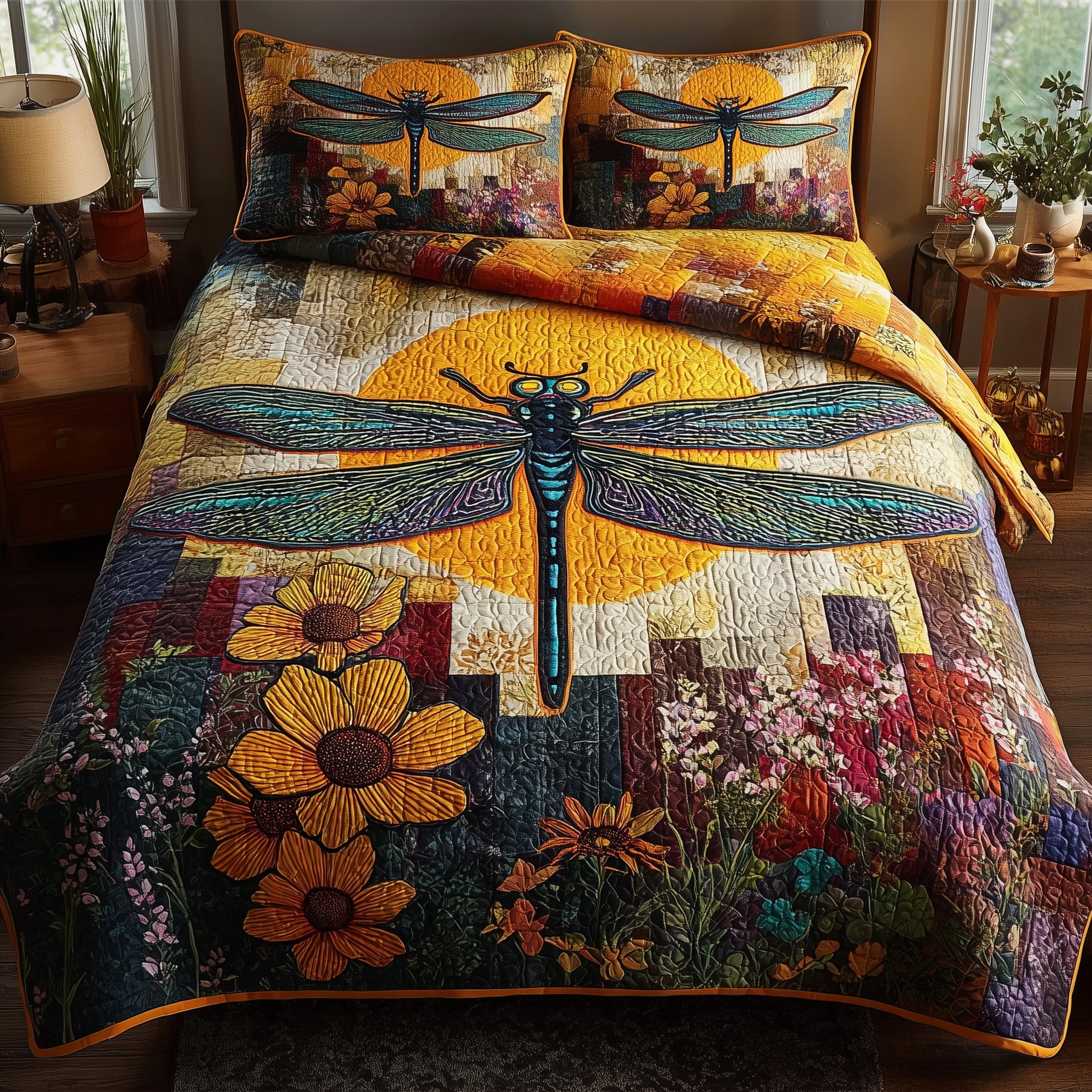 Sunshine Dragonfly Quilted Bedding Set Duvet Cover Bedspread Dragonfly Gifts For Him