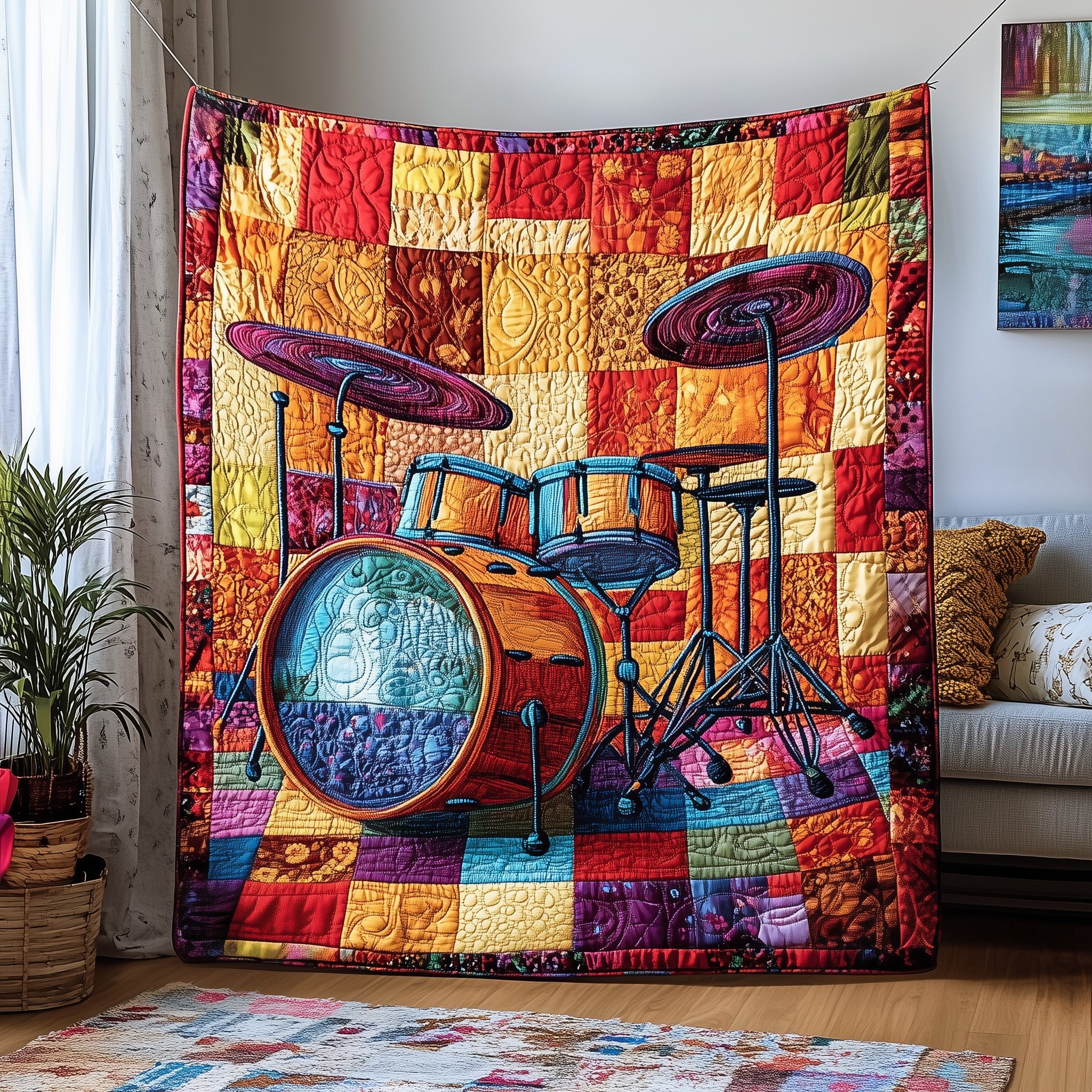 Sunshine Drum Set Quilted Blanket Sofa Throw BlanketChristmas Gifts For Drummers