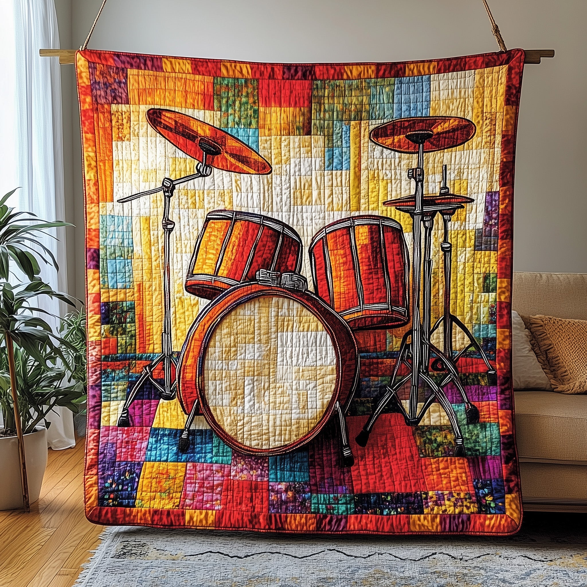 Sunshine Drum Set Quilted Blanket Sofa Throw BlanketDrummer Gifts For Him Christmas