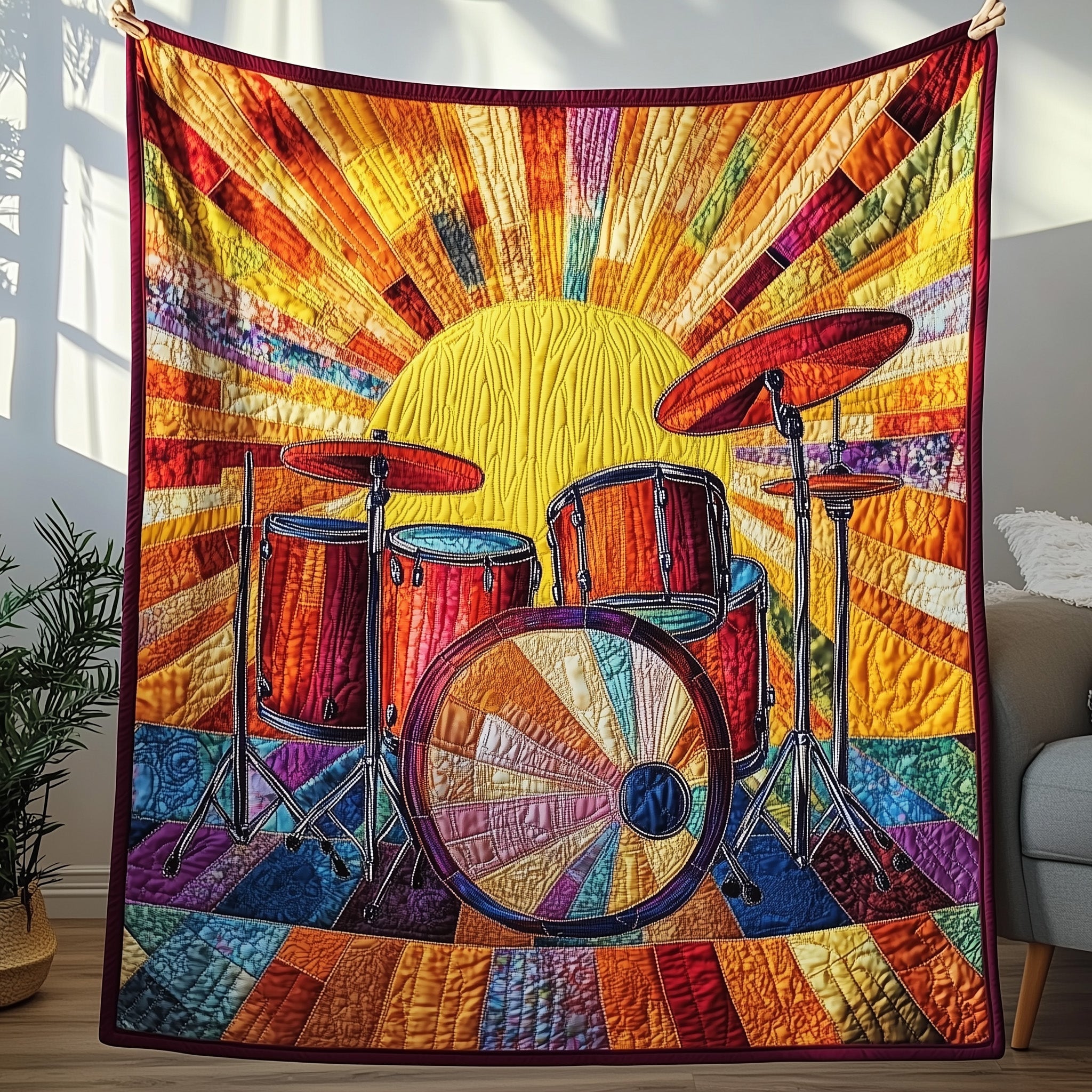Sunshine Drum Set Quilted Blanket Sofa Throw BlanketDrummer Gifts Ideas For Him