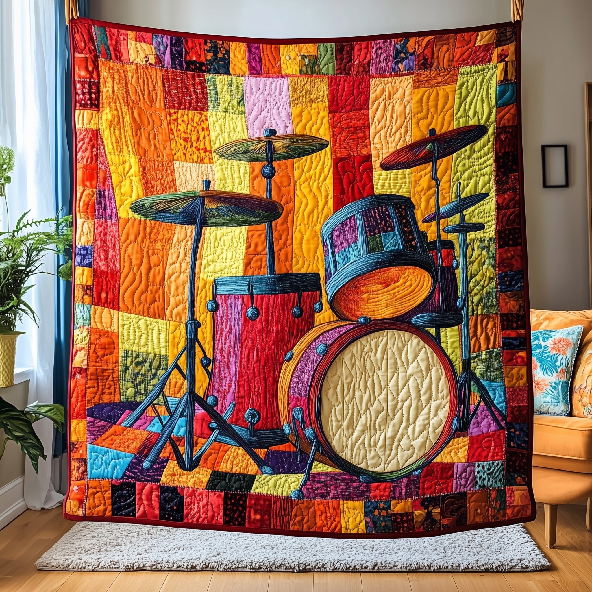 Sunshine Drum Set Quilted Blanket Sofa Throw BlanketGift Ideas For Drummers
