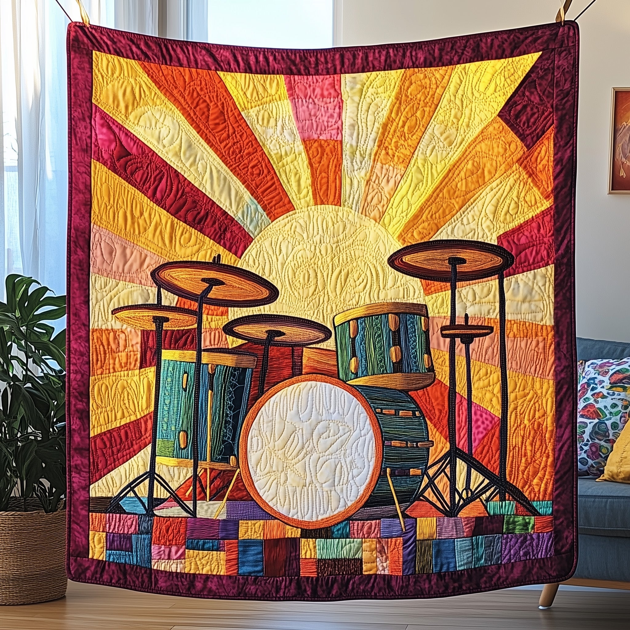 Sunshine Drum Set Quilted Blanket Sofa Throw BlanketGood Gifts For Drummers