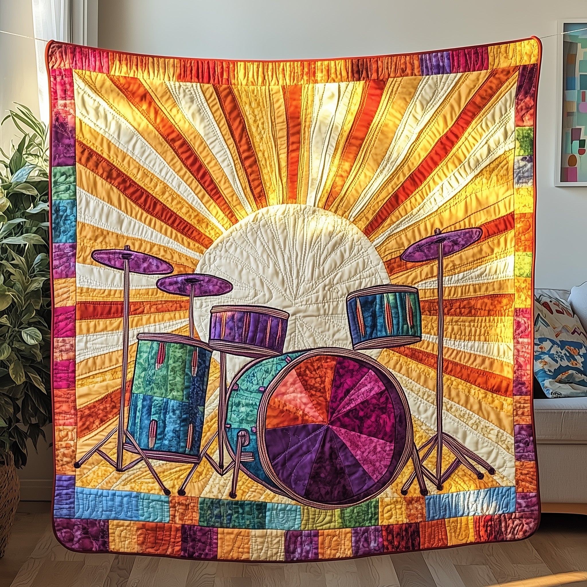 Sunshine Drum Set Quilted Blanket Sofa Throw BlanketGood Gifts For Drummers