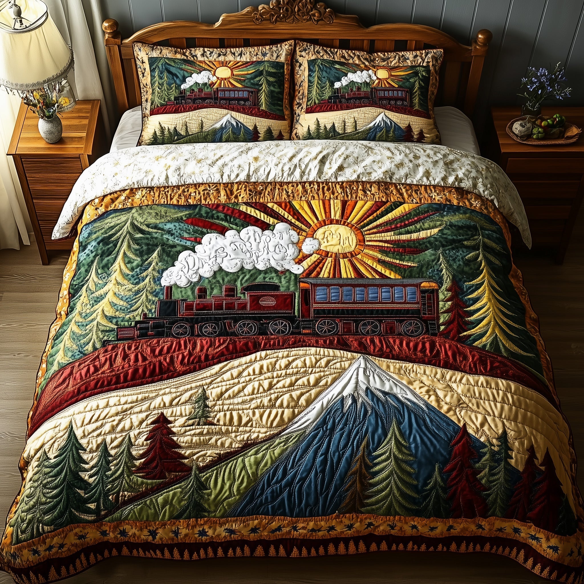Sunshine Express Quilted Bedding Set Duvet Cover Merchandise Train Presents For Adults