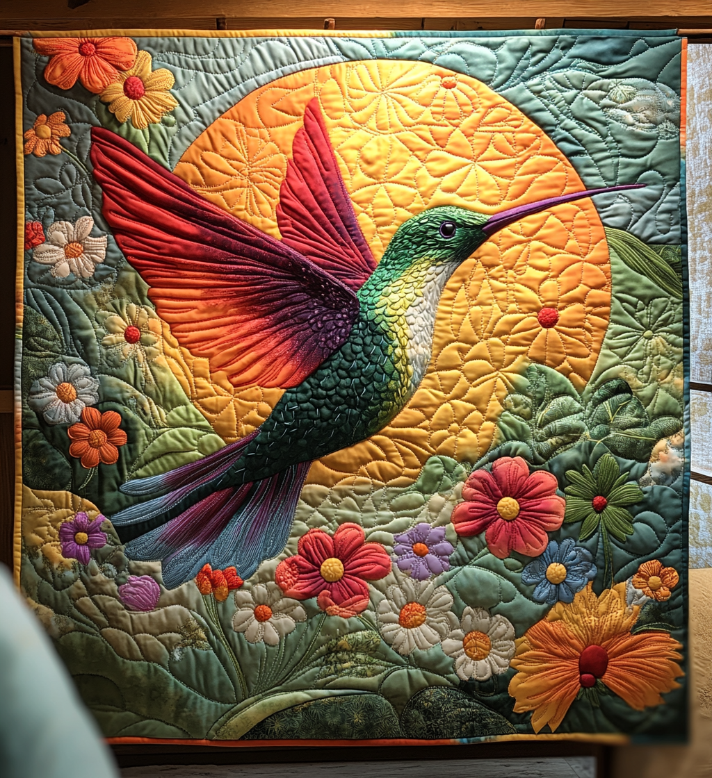Sunshine Flower Hummingbird Quilted Blanket Gifts For Hummingbird Lovers