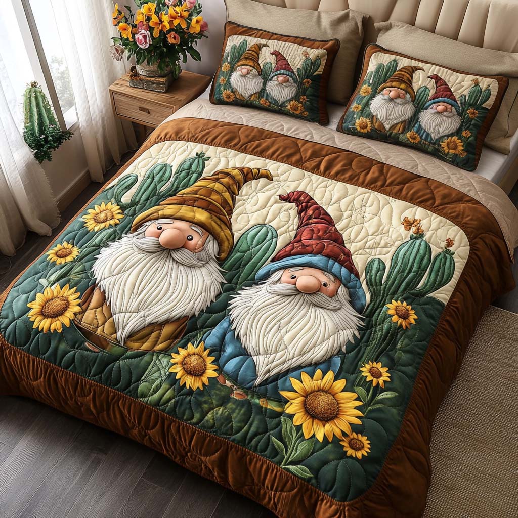 Sunshine Gnome Day Quilted Bedding Set Cozy Bedroom Decor Gnome Presents