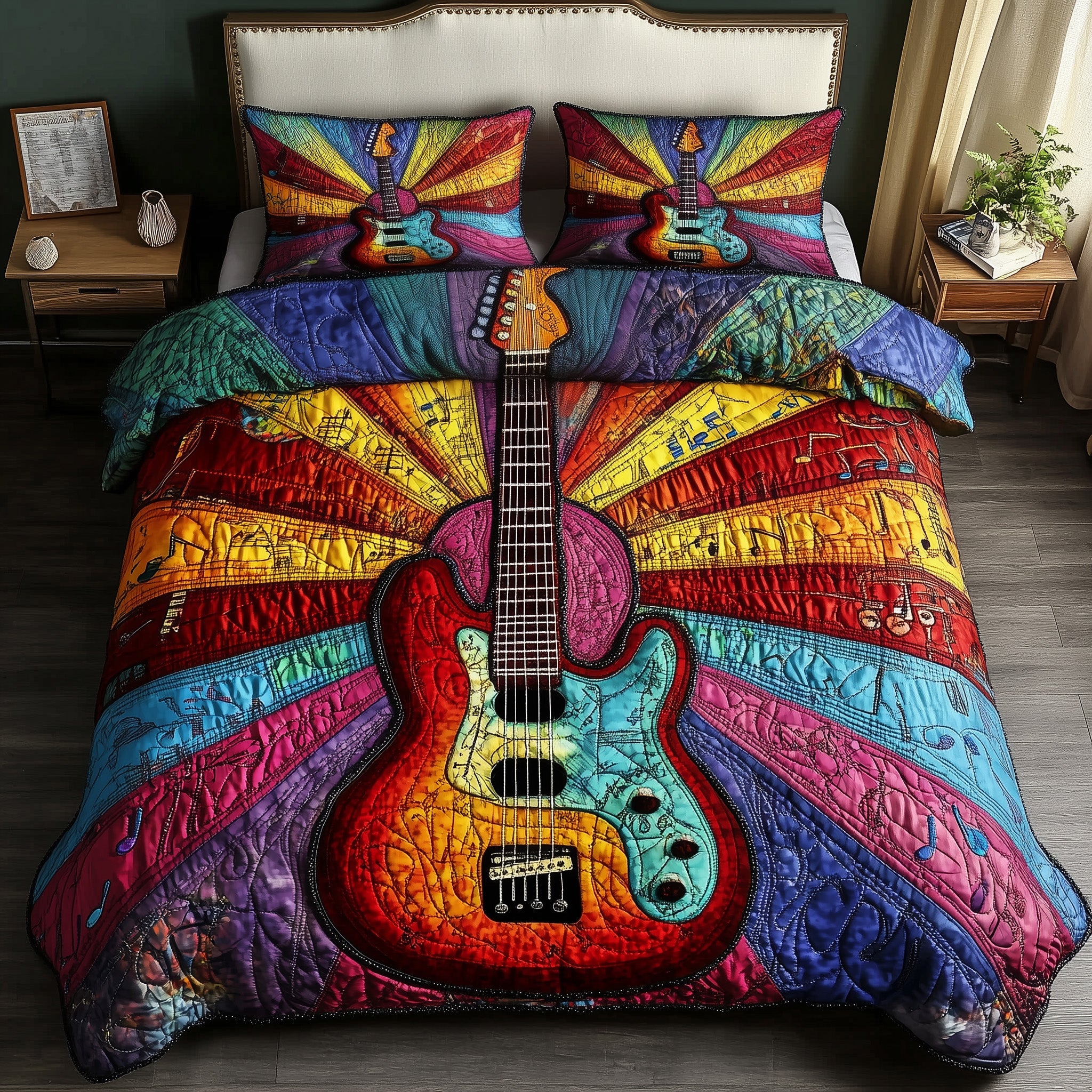 Sunshine Guitar Quilted Bedding Set Duvet Cover Bedspread Best Gifts For Guitar Lovers