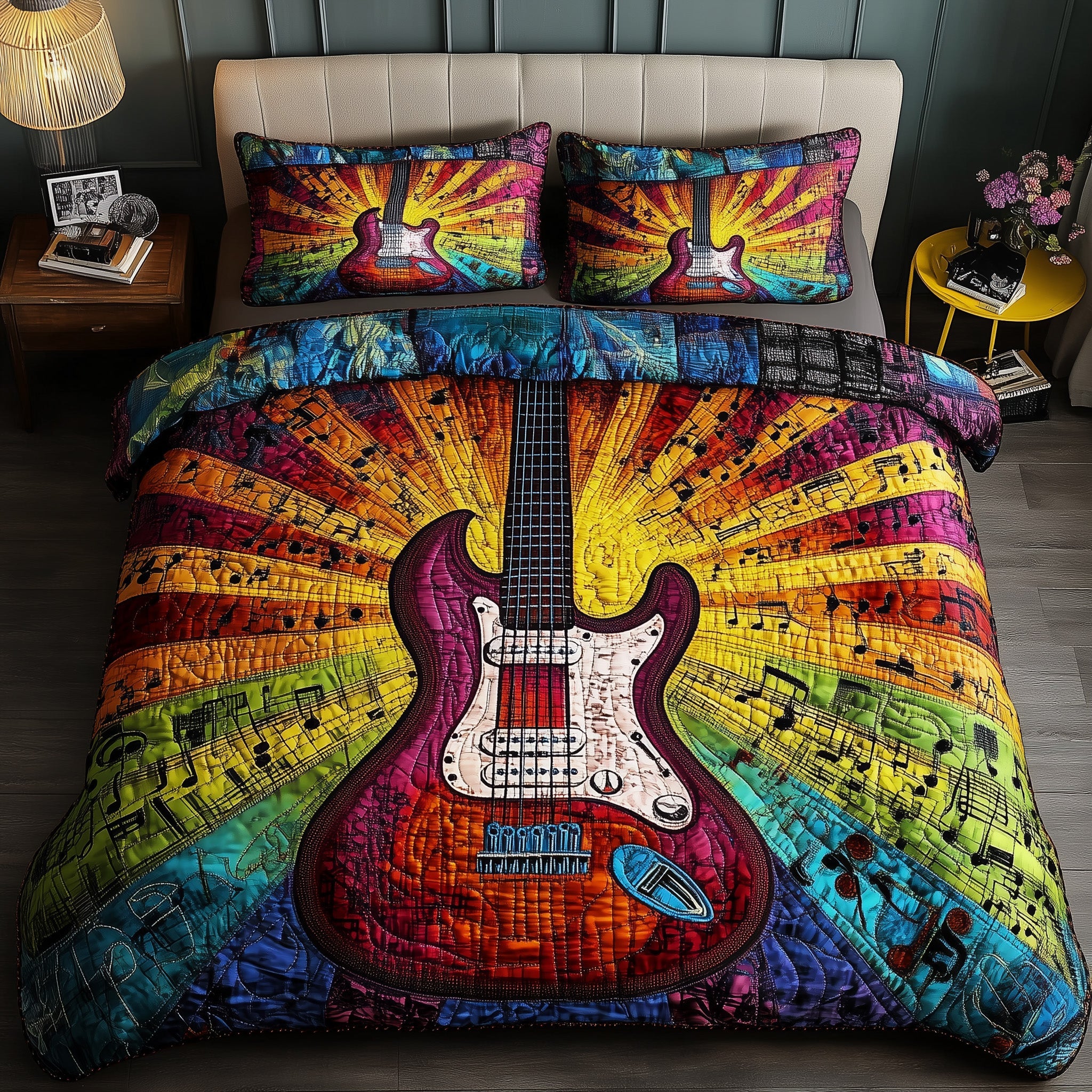 Sunshine Guitar Quilted Bedding Set Duvet Cover Bedspread Birthday Gifts For Guitar Players
