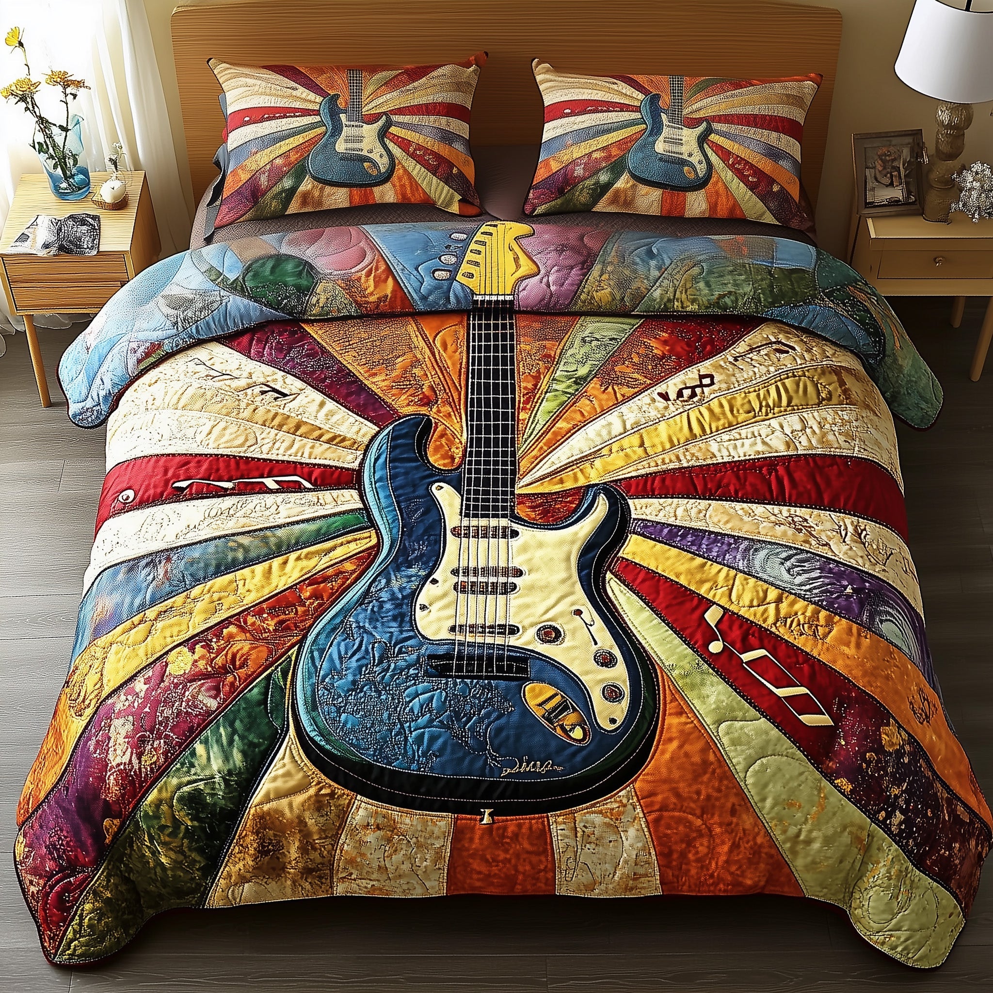 Sunshine Guitar Quilted Bedding Set Duvet Cover Bedspread Christmas Presents For Guitar Players