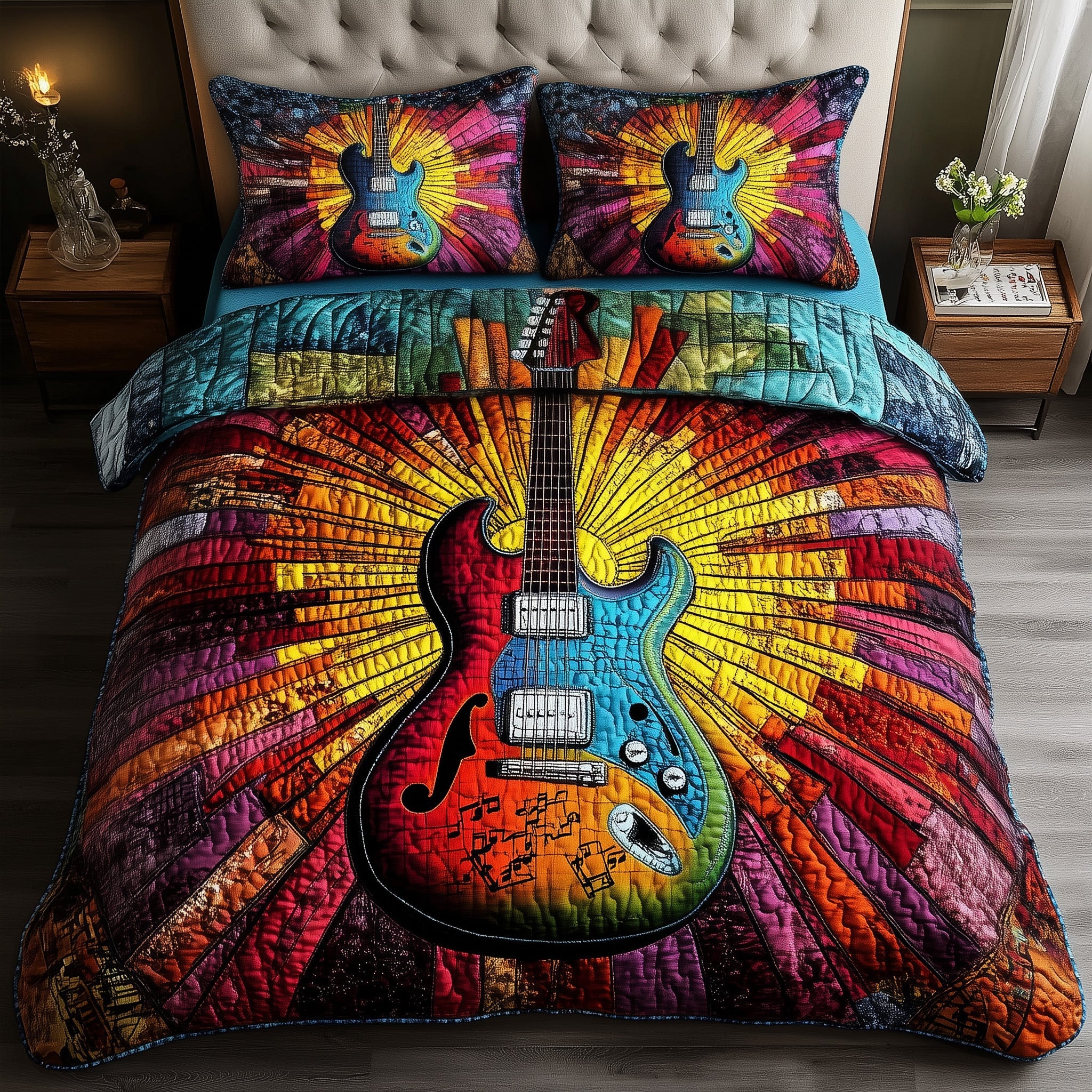 Sunshine Guitar Quilted Bedding Set Duvet Cover Bedspread Fun Gifts For Guitar Players
