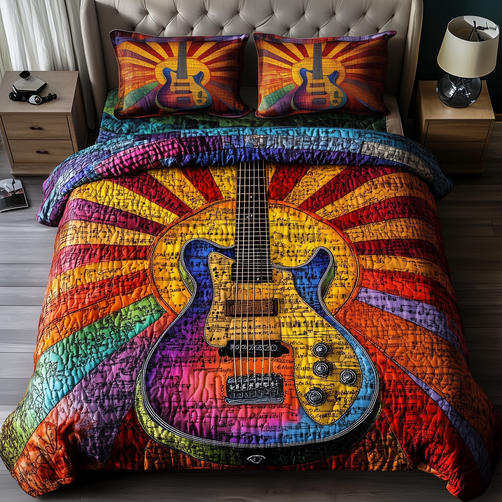 Sunshine Guitar Quilted Bedding Set Duvet Cover Bedspread Gifts For New Guitar Players