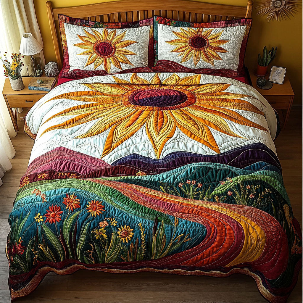 Sunshine Meadow Bliss Quilted Bedding Set Holiday Duvet Covers Sunflower Gifts For Her