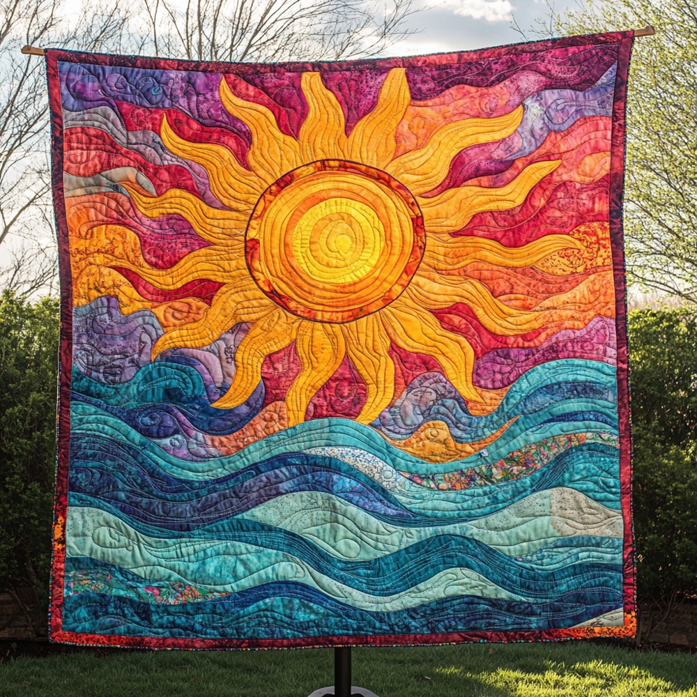Sunshine Ocean Parade Quilted Blanket Boho Sunset Waves Art Cozy Throw Best Gift For Sun Lovers