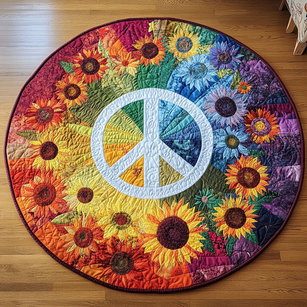 Sunshine Peace Quilted Round Mat Outdoor Entryway Decor Blanket With Sunflowers