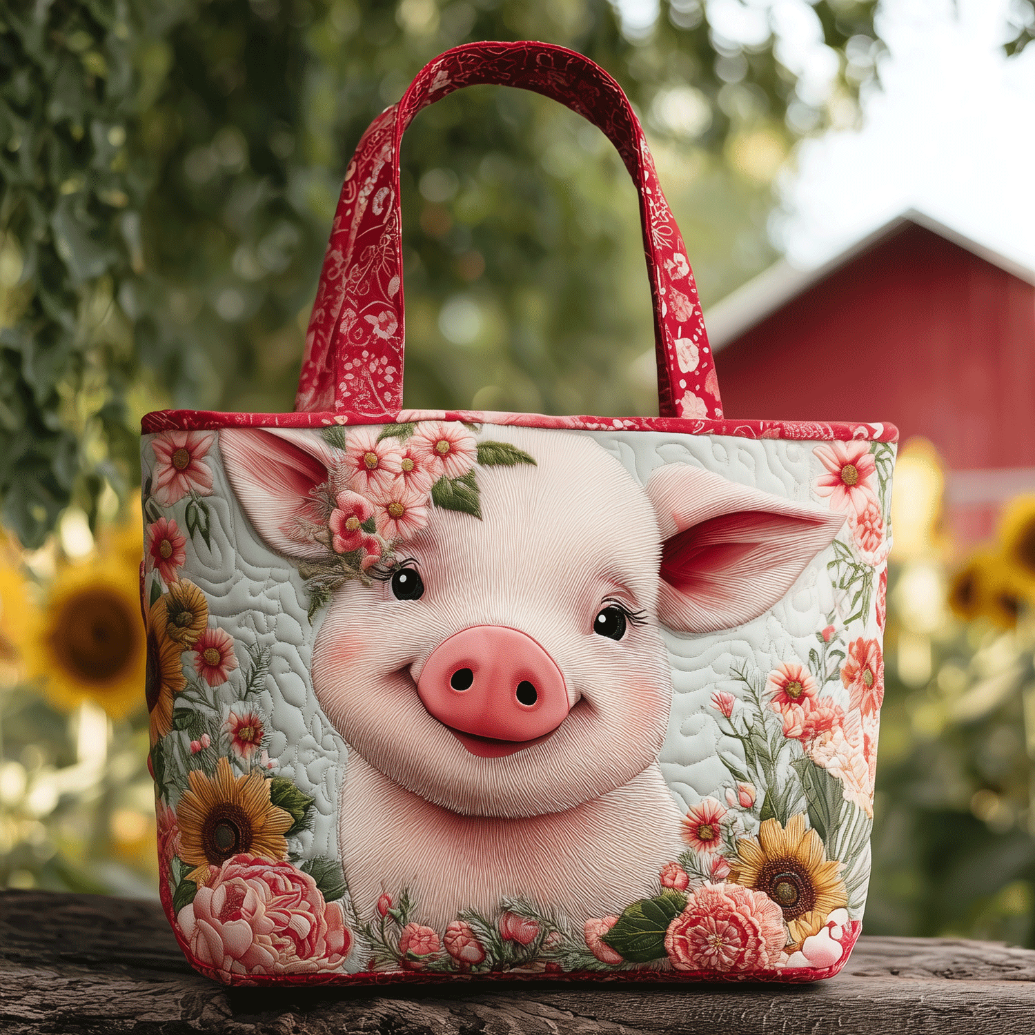 Sunshine Pig Smile Quilted Tote Bag Unique Pig Gifts
