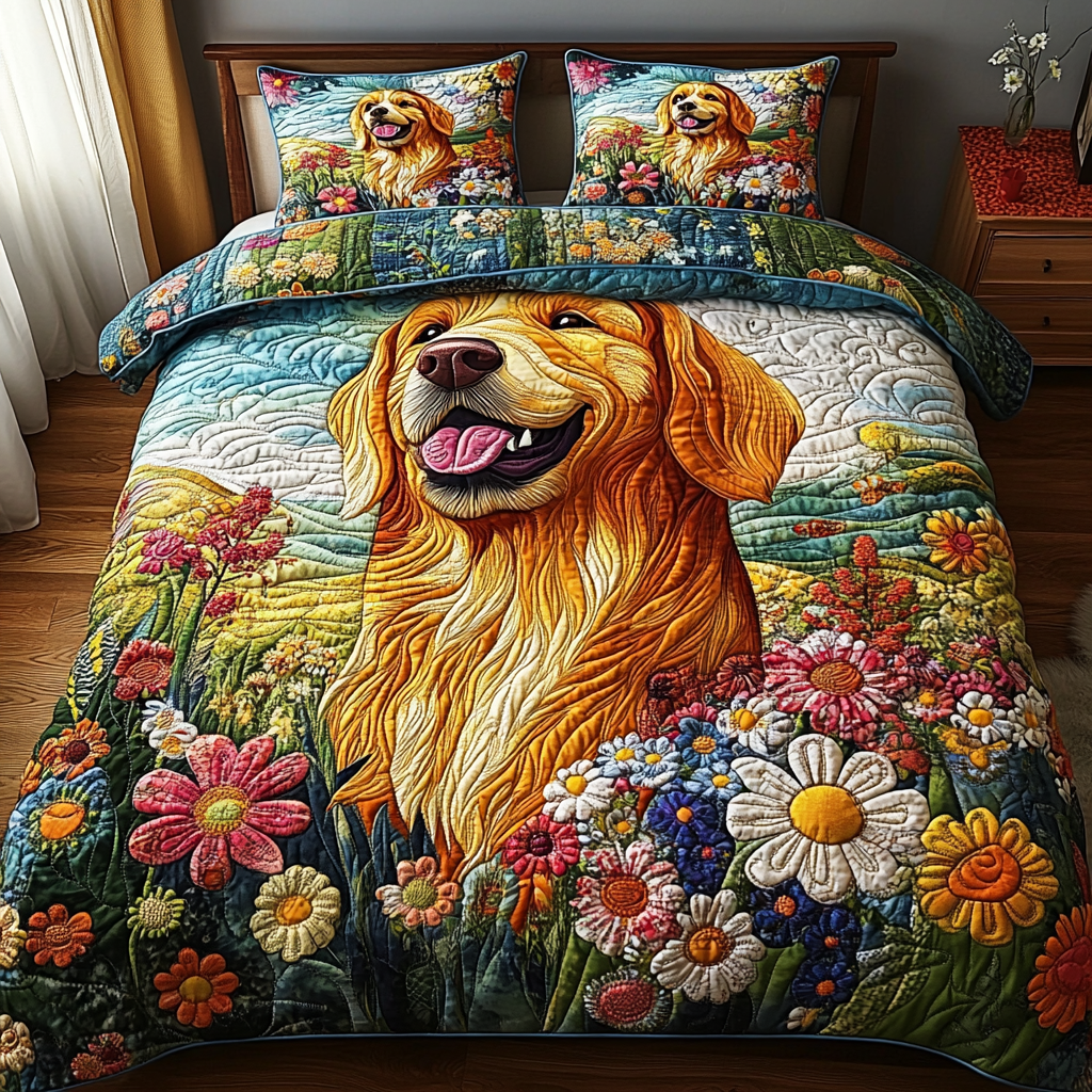 Sunshine Retriever Quilted Bedding Set Unique Bed Sheet Set Presents For Golden Retriever Owners