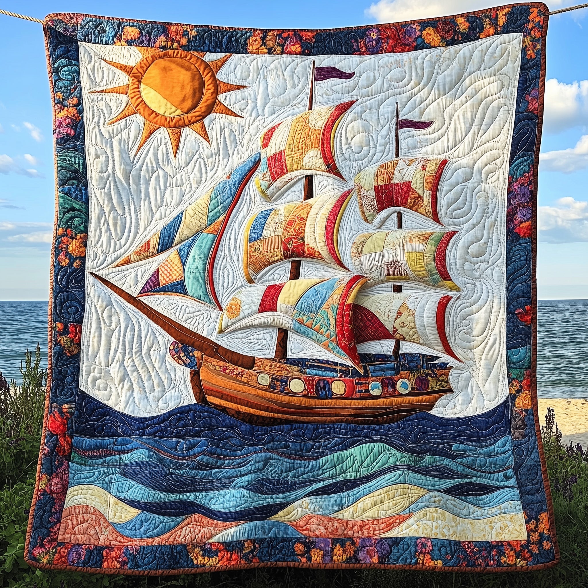 Sunshine Sailing Quilted Blanket Nice Throw BlanketChristmas Gifts For Ocean Lovers