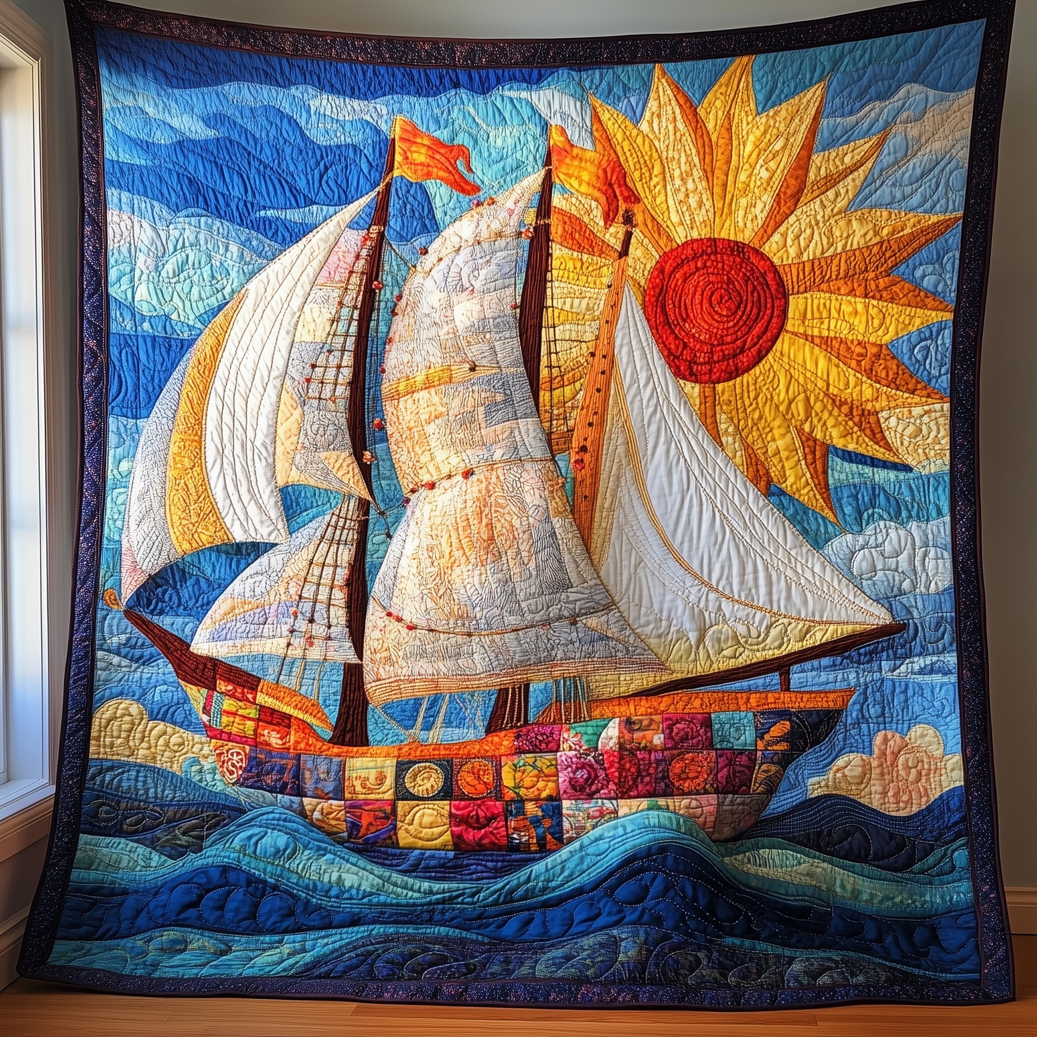 Sunshine Sailing Quilted Blanket Nice Throw BlanketGift For Ocean Ship Lover