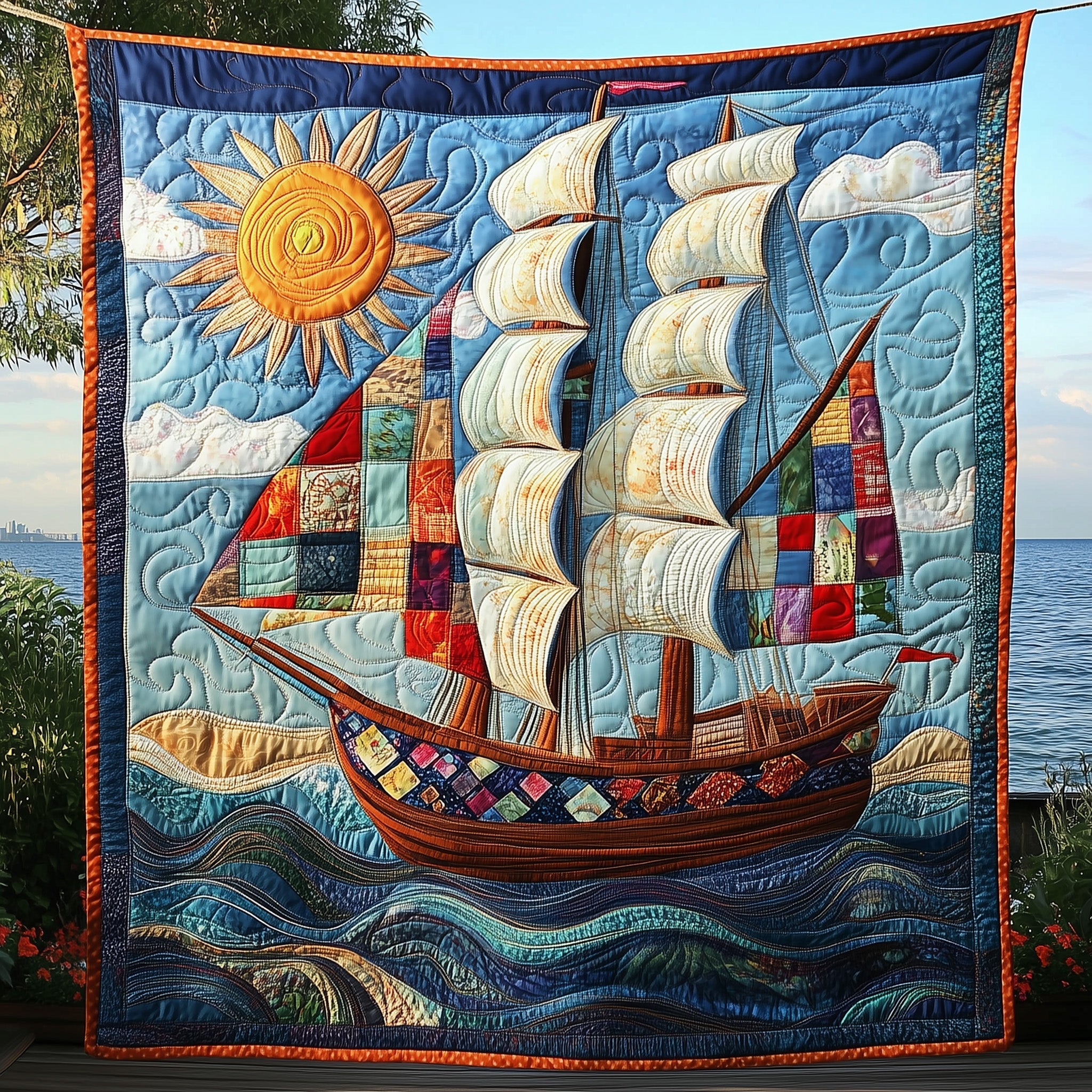 Sunshine Sailing Quilted Blanket Nice Throw BlanketGifts For An Ocean Ship Lover