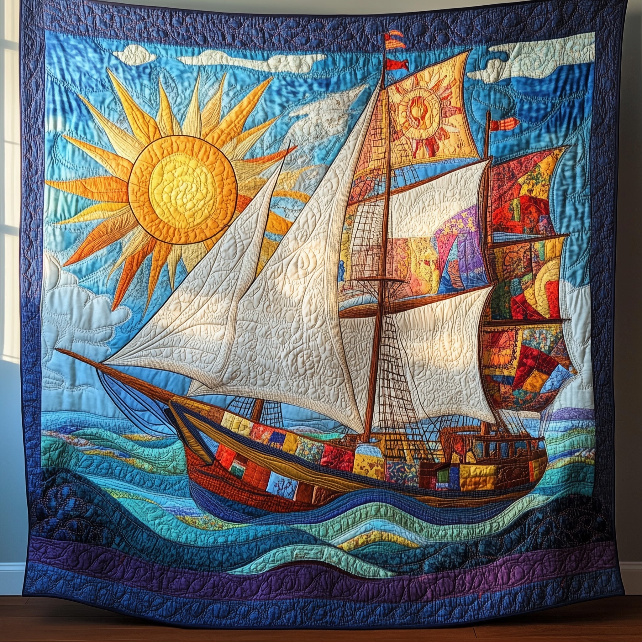 Sunshine Sailing Quilted Blanket Nice Throw BlanketShip Ocean Themed Gift Items