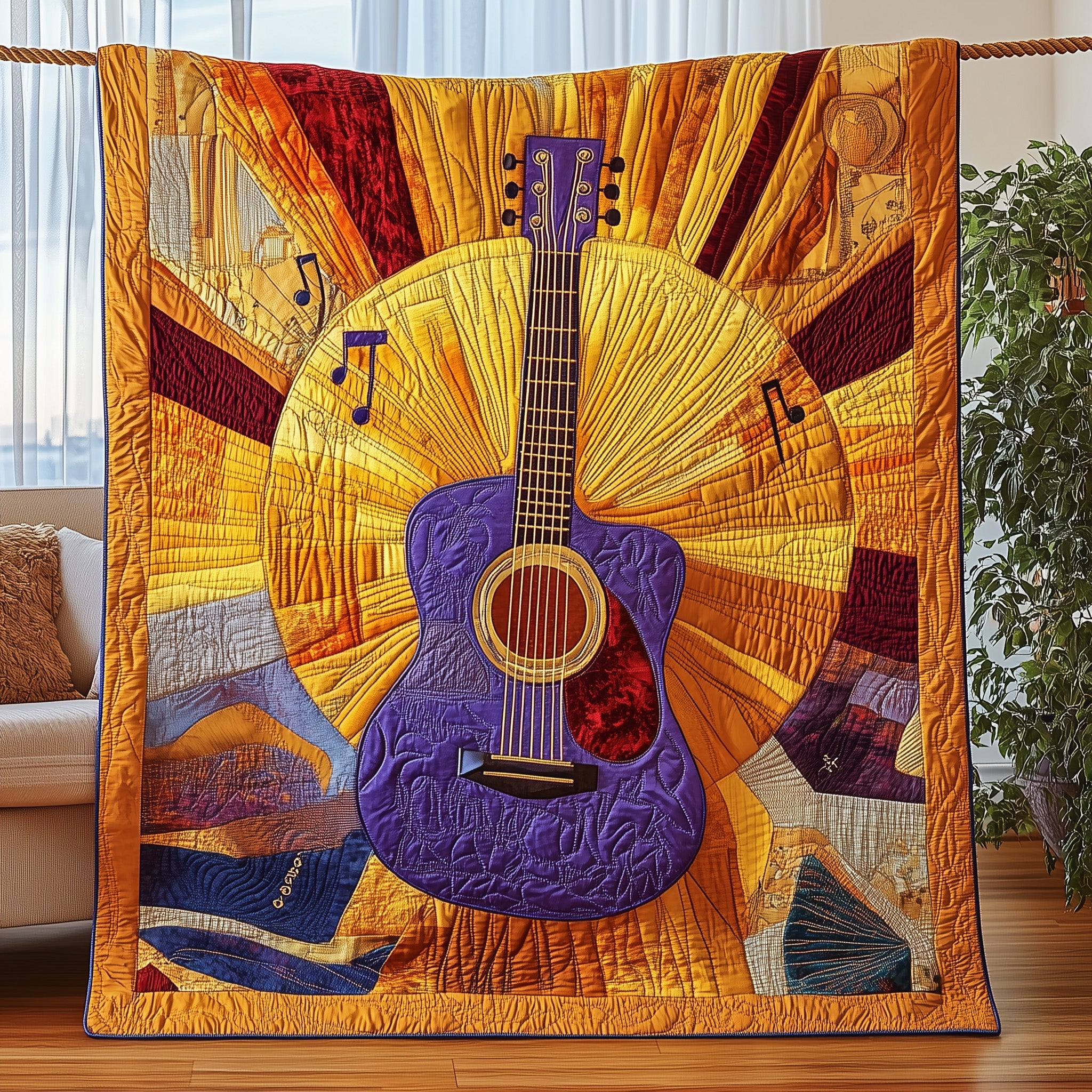 Sunshine Serenade Quilted Blanket Cute Cozy BlanketGreat Gift For Guitar Player