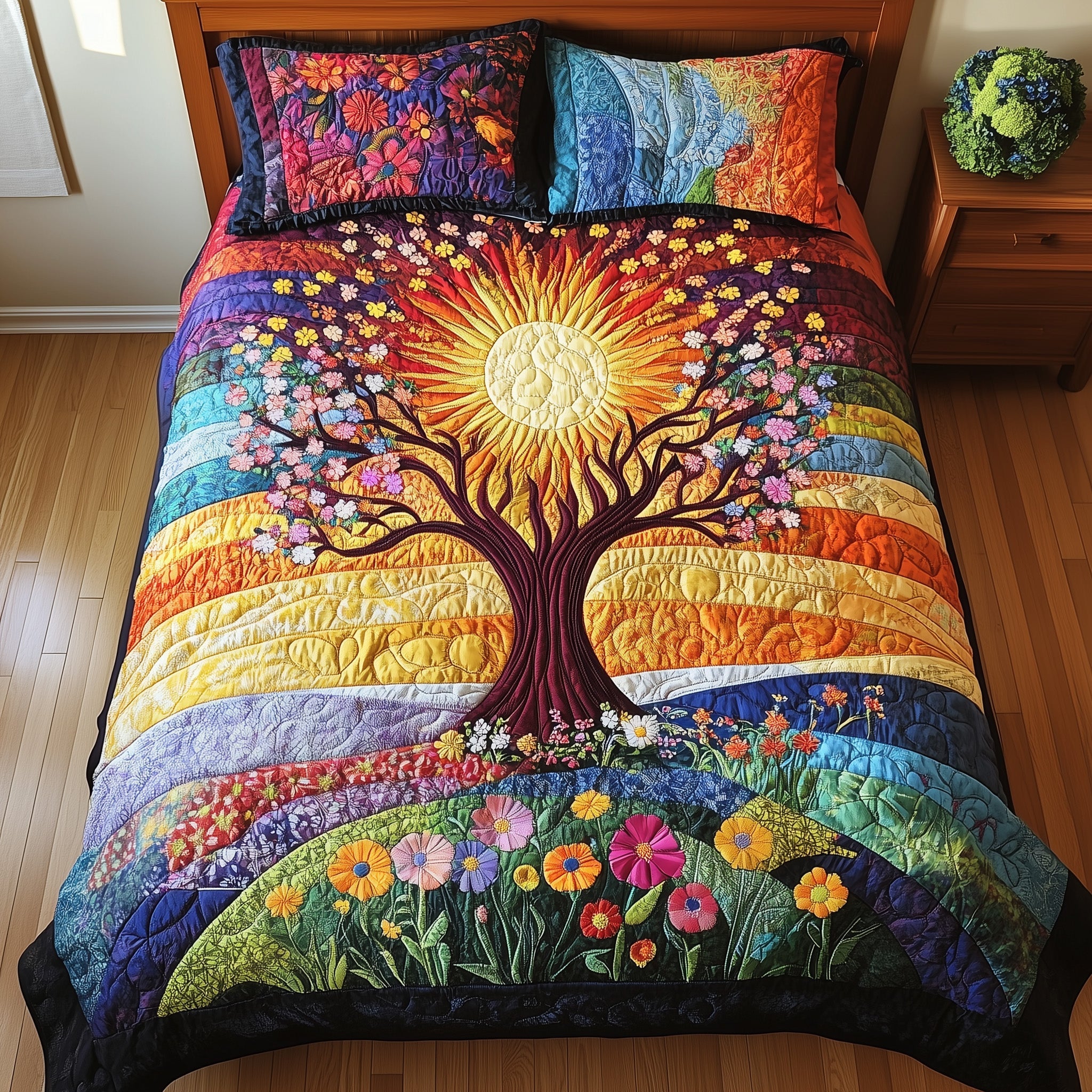 Sunshine Tree Of LifeQuilted Bedding Set Duvet Cover Bedspread Presents For Peace Lovers