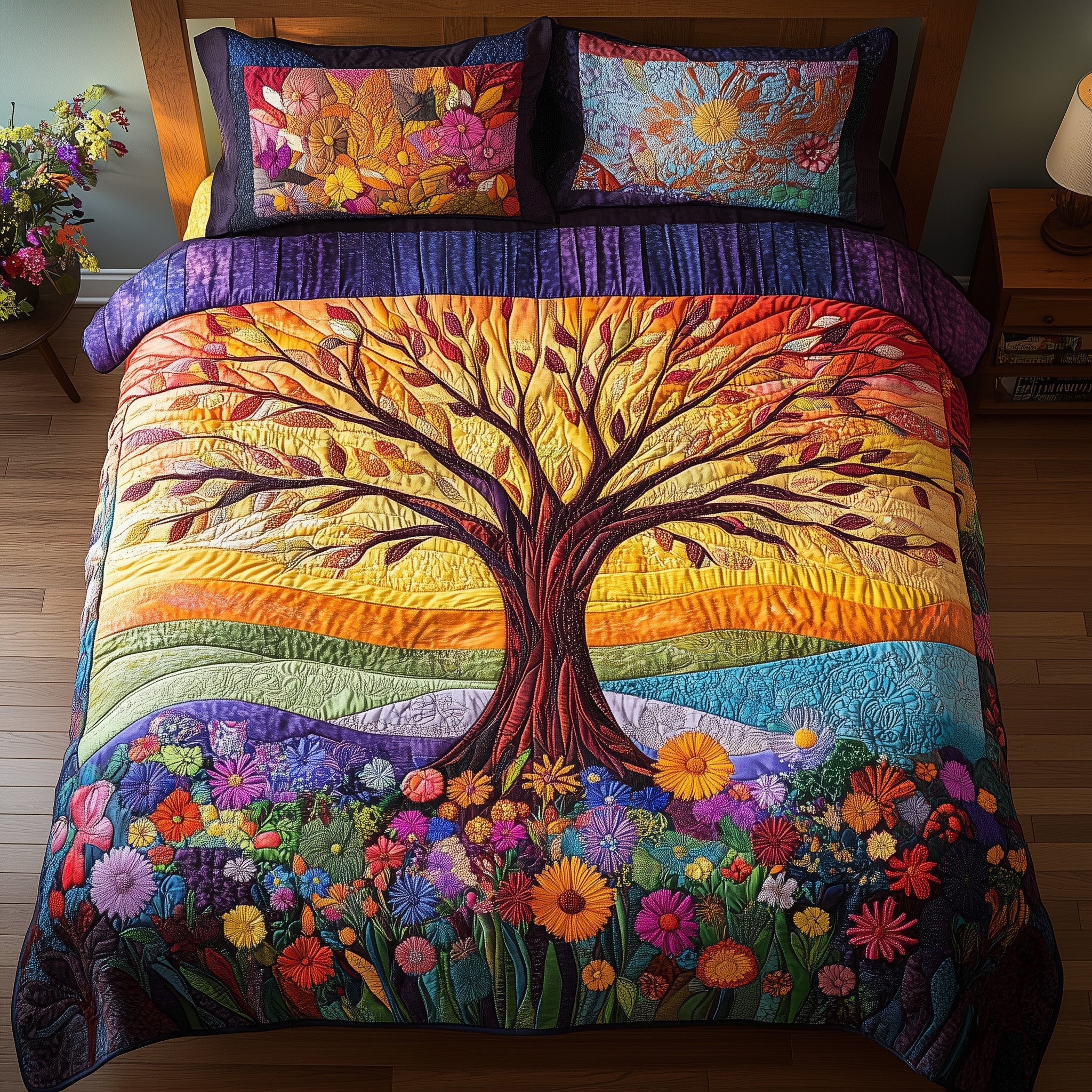 Sunshine Tree Of LifeQuilted Bedding Set Duvet Cover Bedspread Presents For Spiritual People