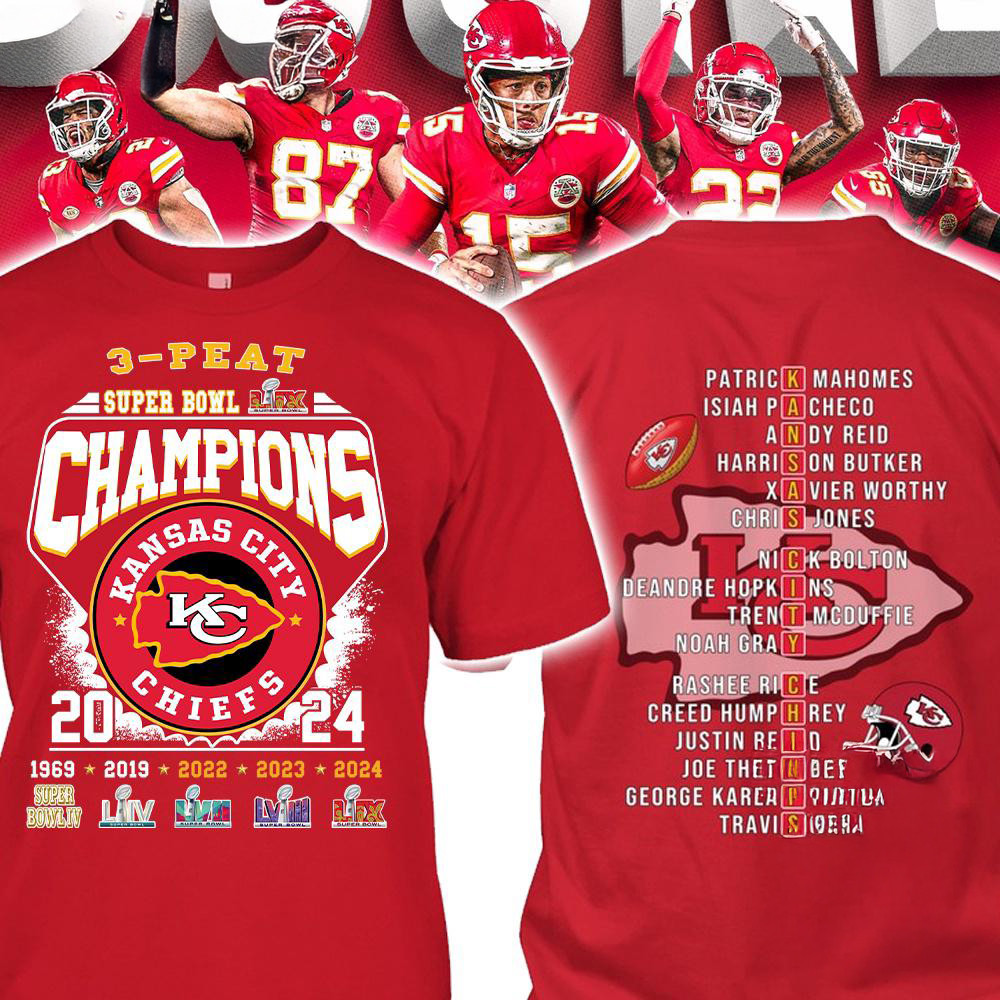 Super Bowl LIX 2024 2025 Champions Kansas City Chiefs 3-Peat Shirt Football Fan Gifts