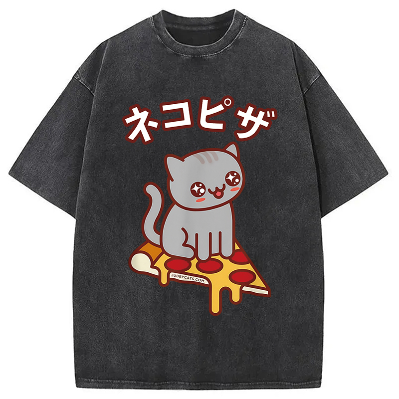 Super Kawaii Japanese Pizza Cat Washed T-Shirt Trendy Everyday Casual Outfit Gifts For Best Friend